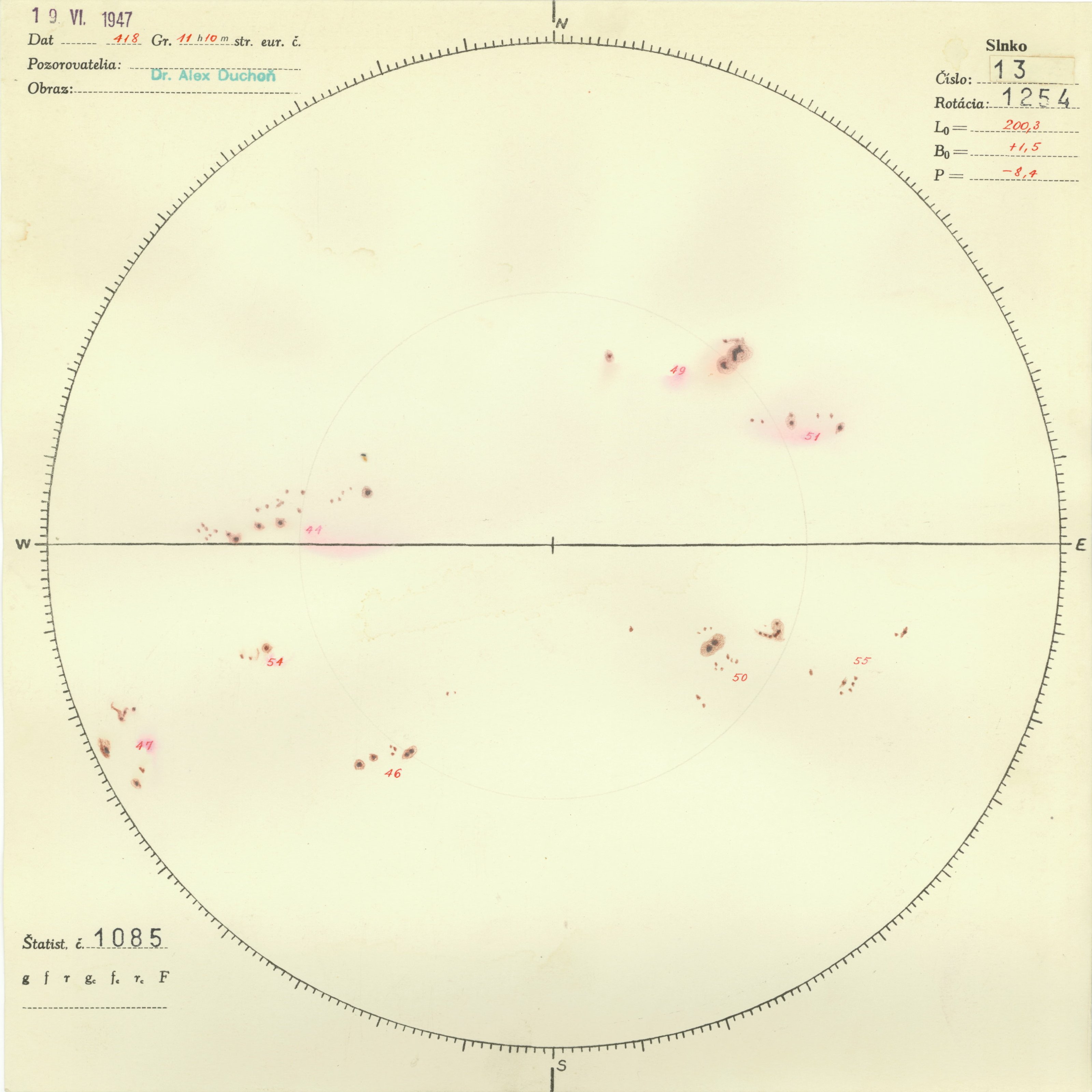 Obrázok zákresu Slnka na deň 19.06.1947