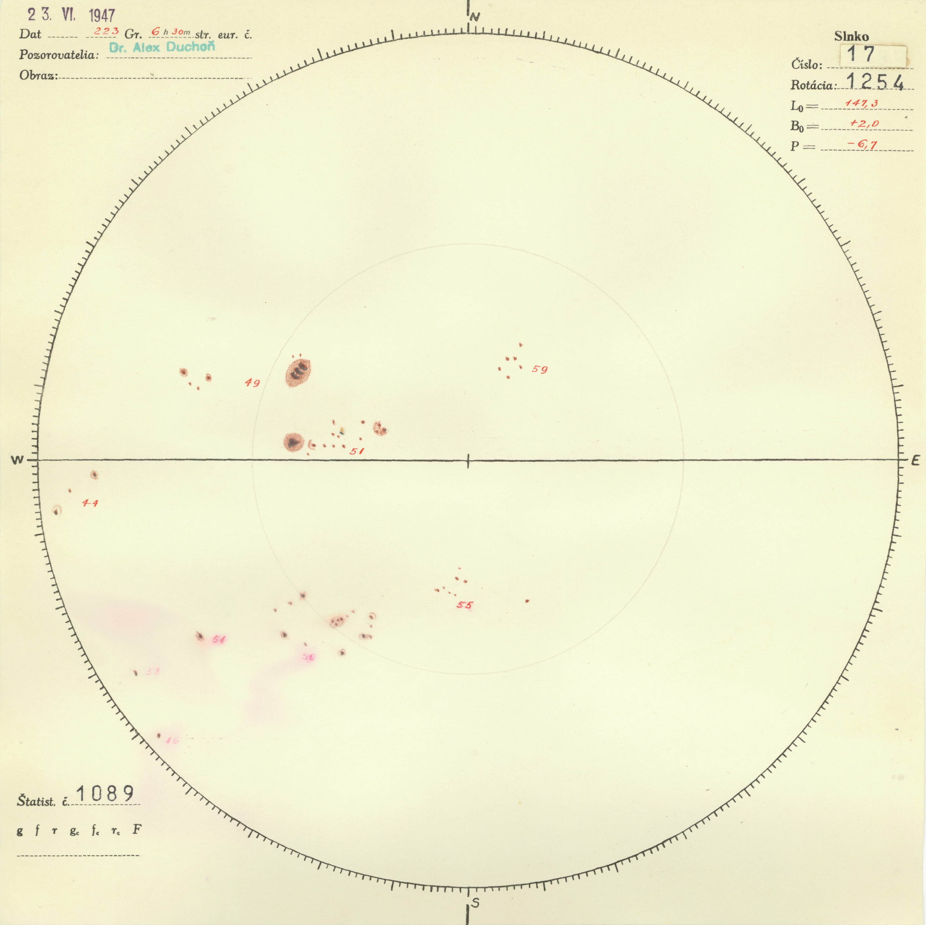 Obrázok zákresu Slnka na deň 23.06.1947
