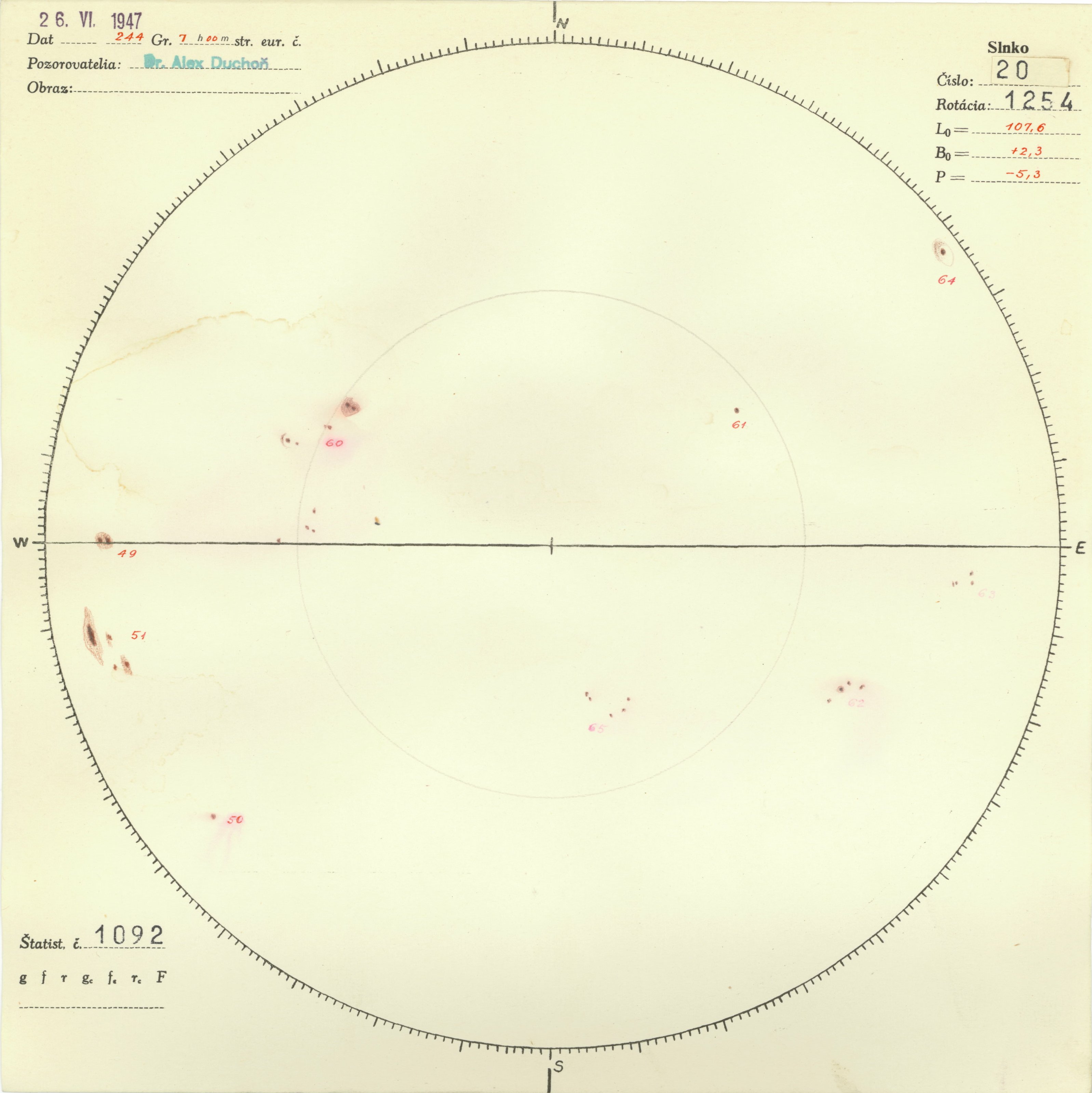 Obrázok zákresu Slnka na deň 26.06.1947