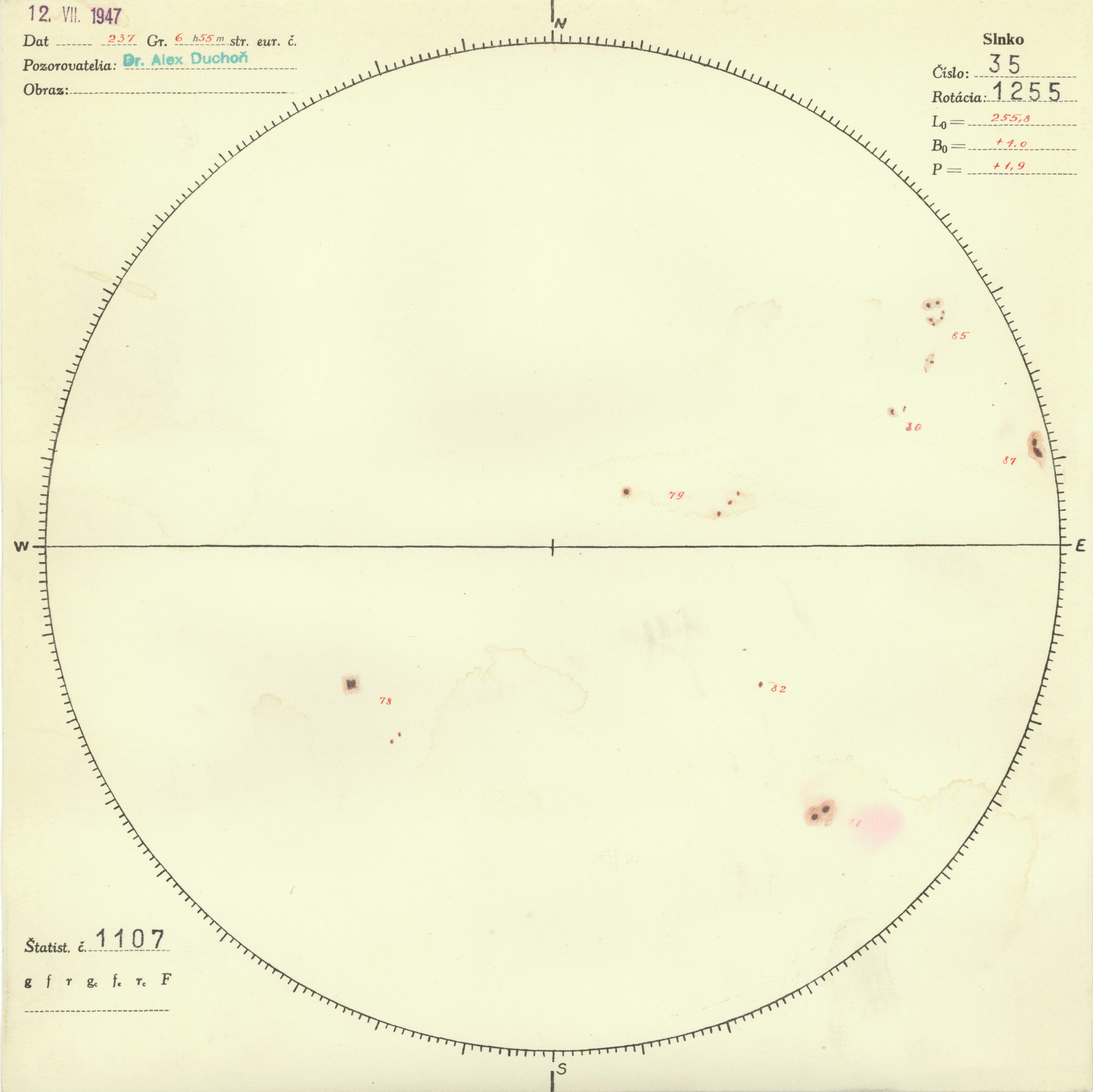 Obrázok zákresu Slnka na deň 12.07.1947