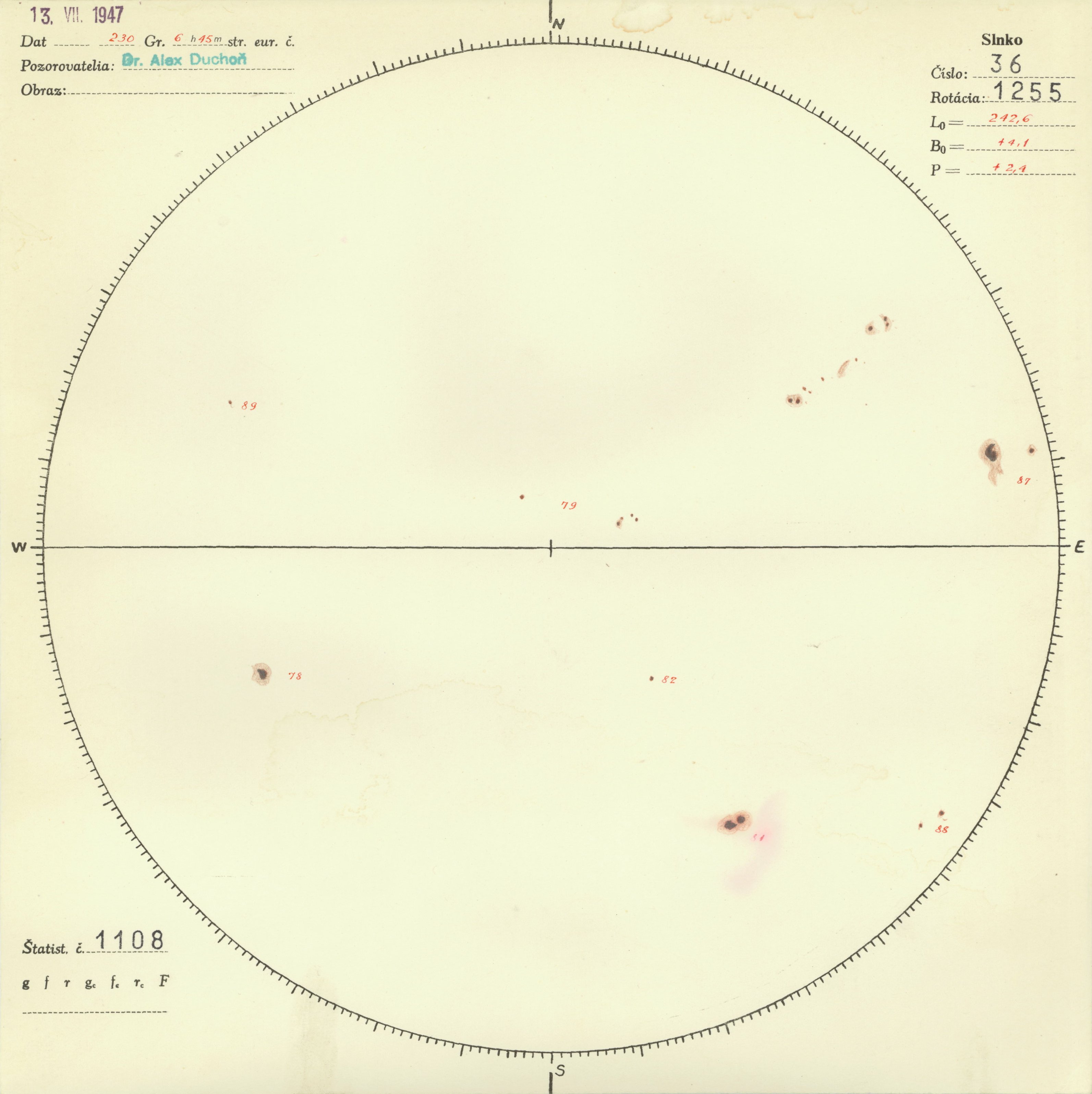 Obrázok zákresu Slnka na deň 13.07.1947