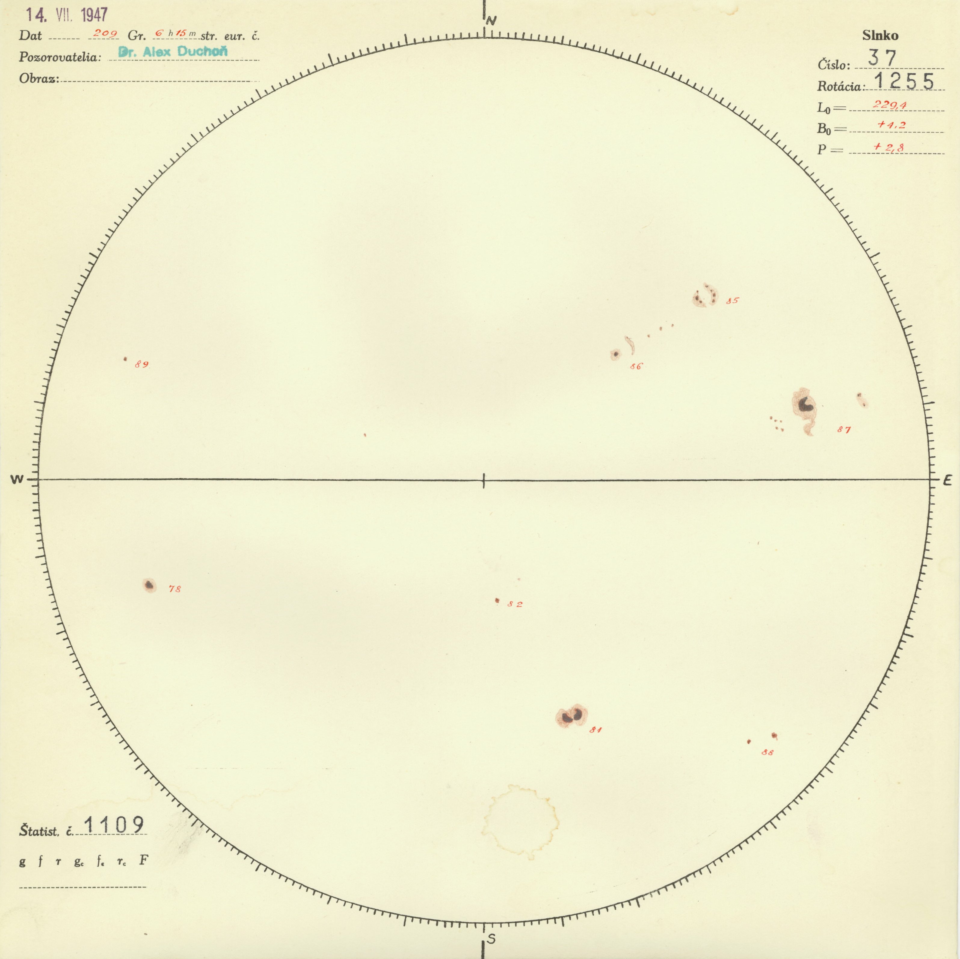 Obrázok zákresu Slnka na deň 14.07.1947