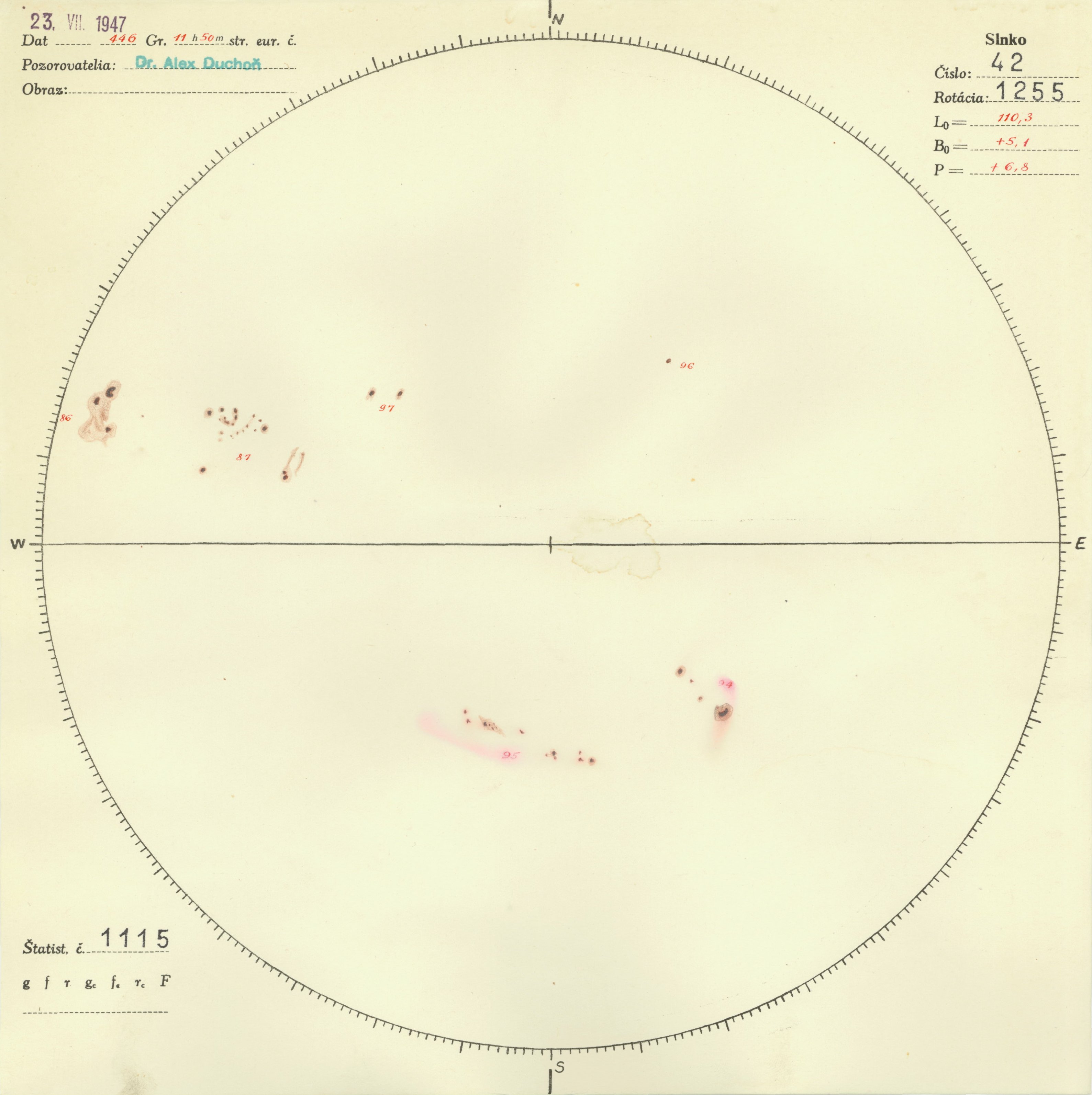 Obrázok zákresu Slnka na deň 23.07.1947