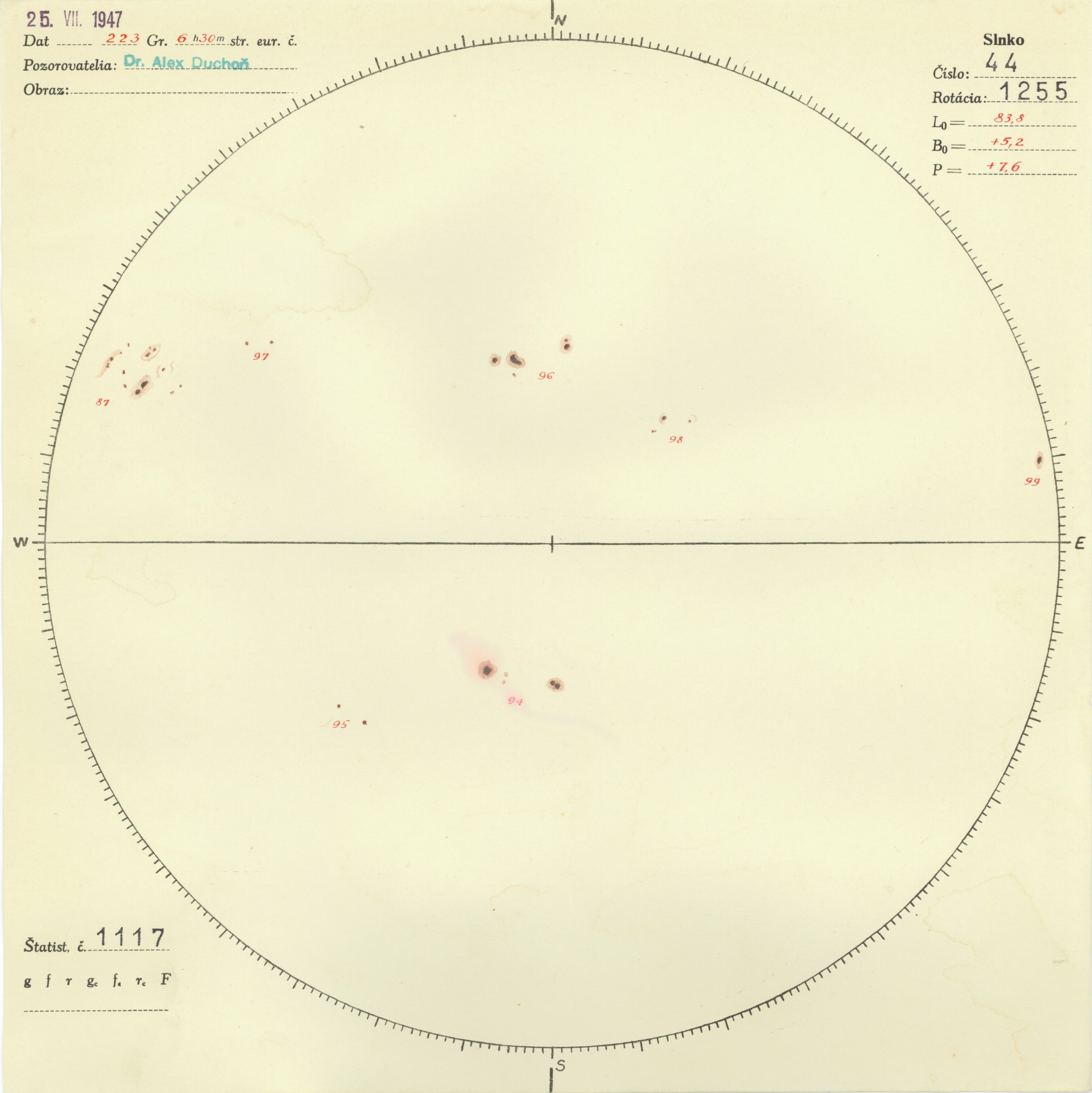 Obrázok zákresu Slnka na deň 25.07.1947