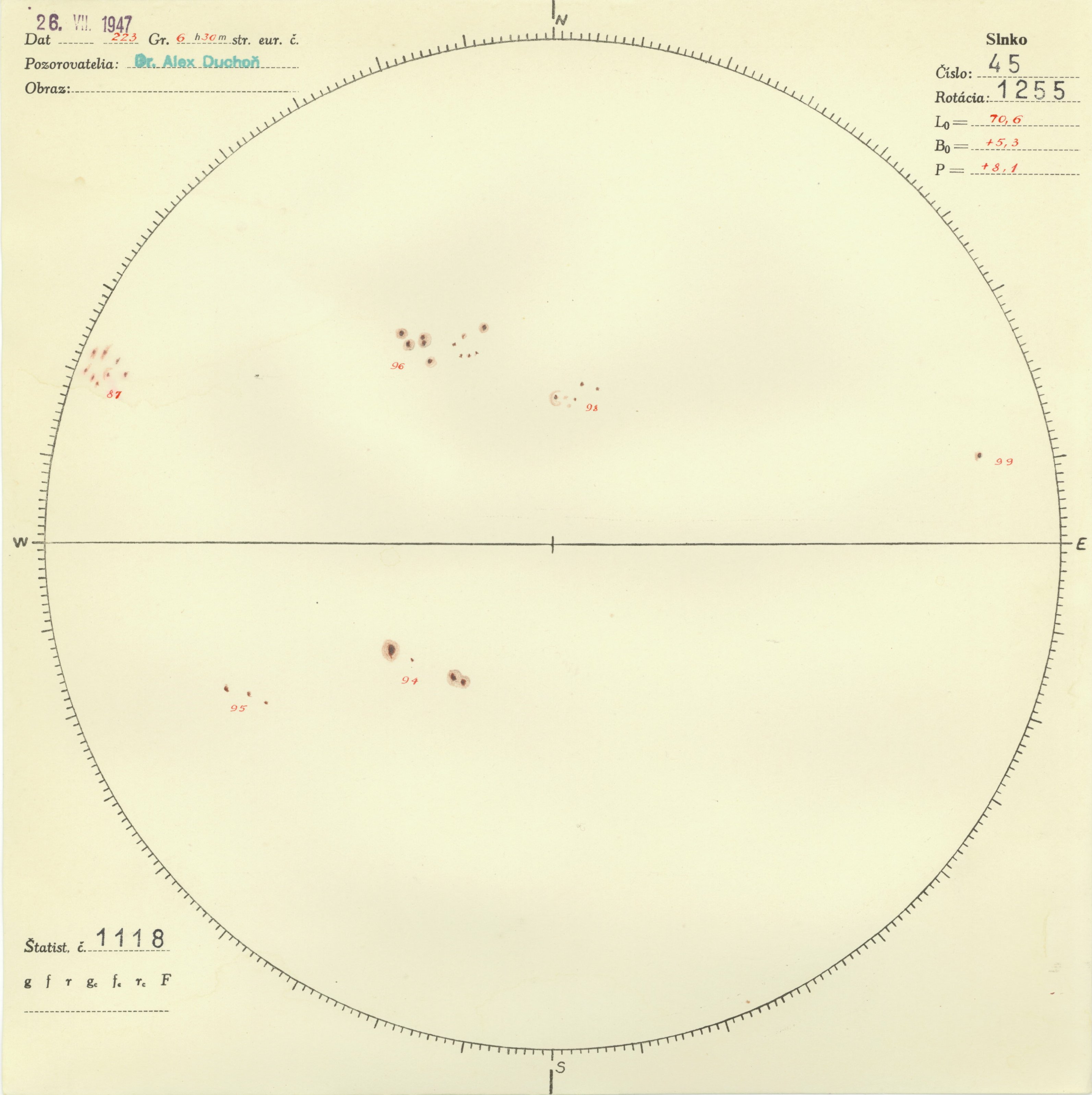 Obrázok zákresu Slnka na deň 26.07.1947