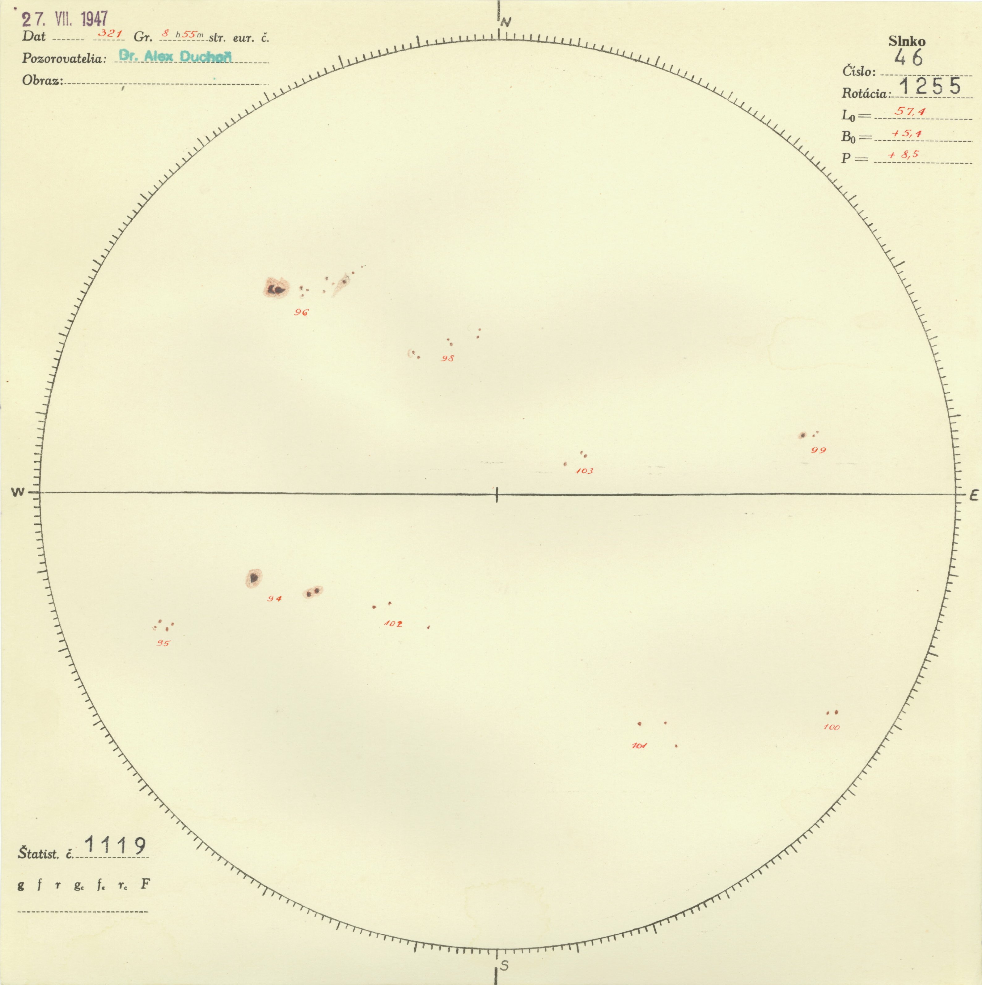 Obrázok zákresu Slnka na deň 27.07.1947