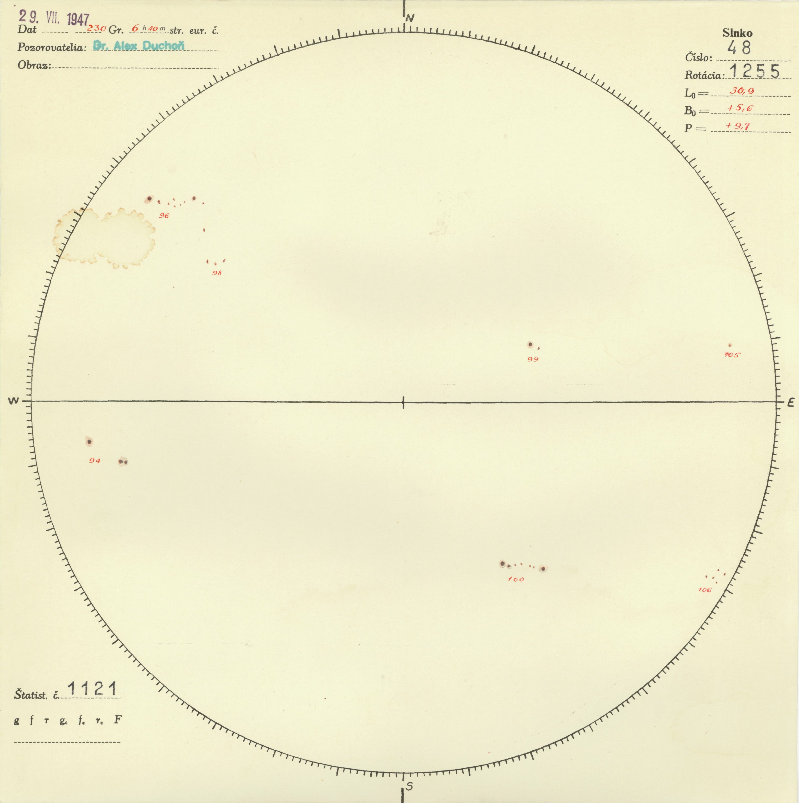 Obrázok zákresu Slnka na deň 29.07.1947