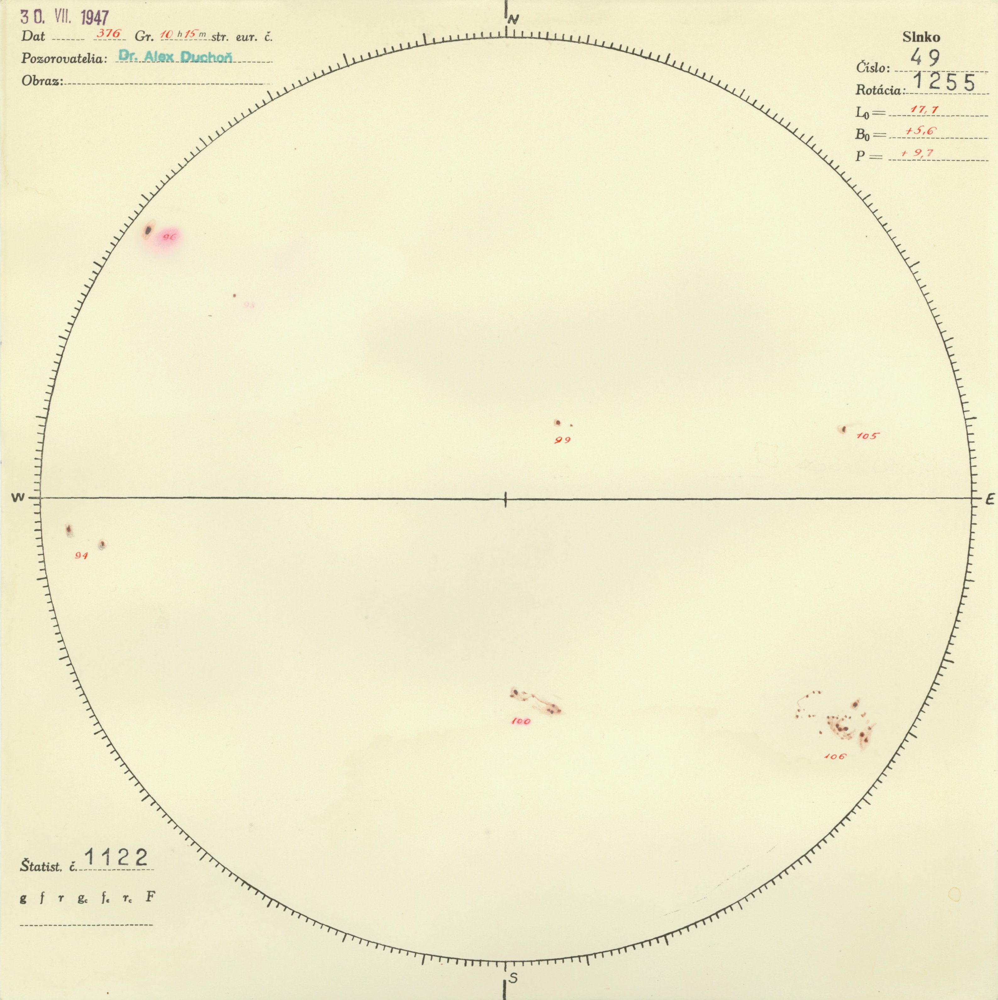 Obrázok zákresu Slnka na deň 30.07.1947