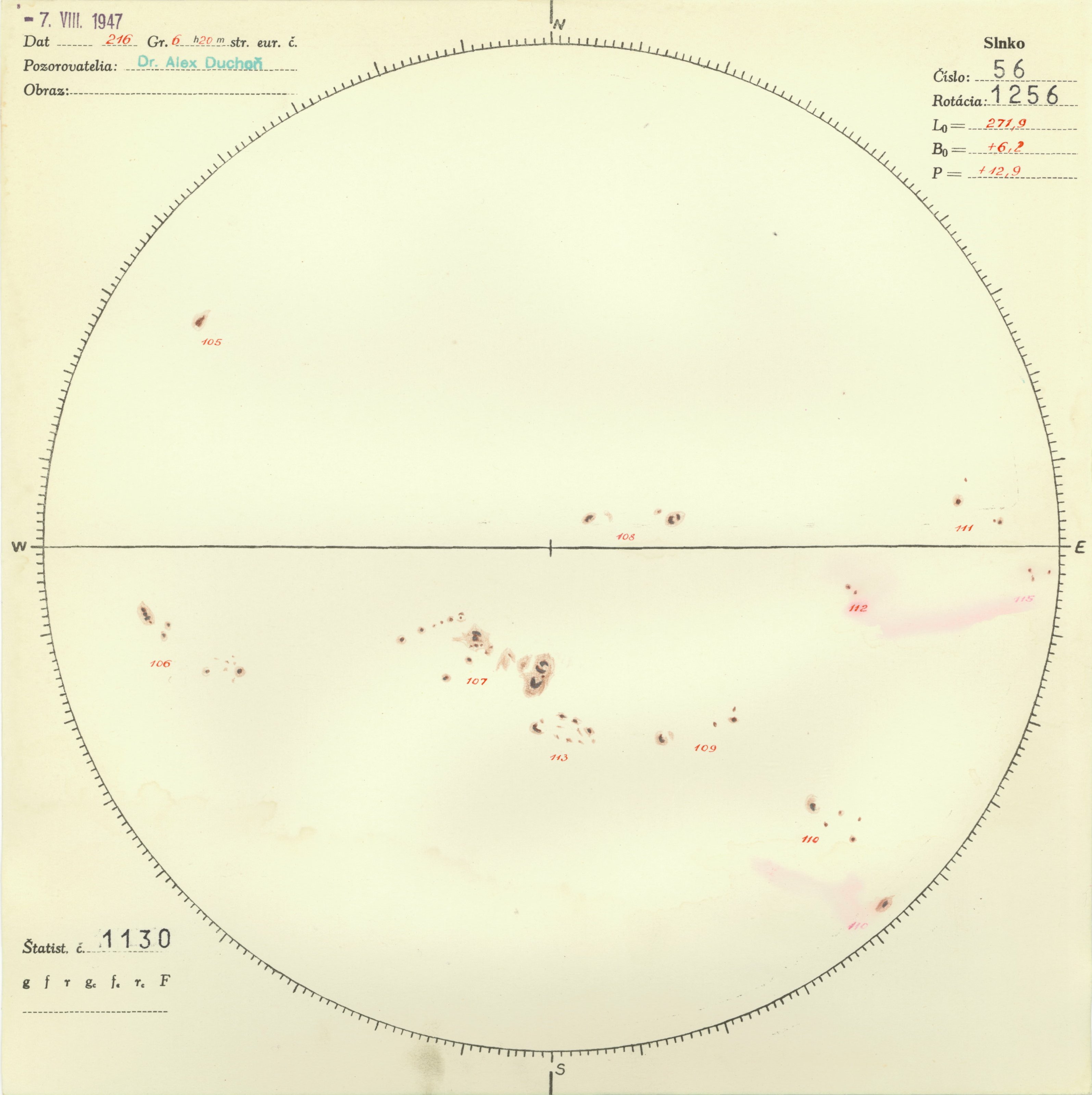 Obrázok zákresu Slnka na deň 07.08.1947