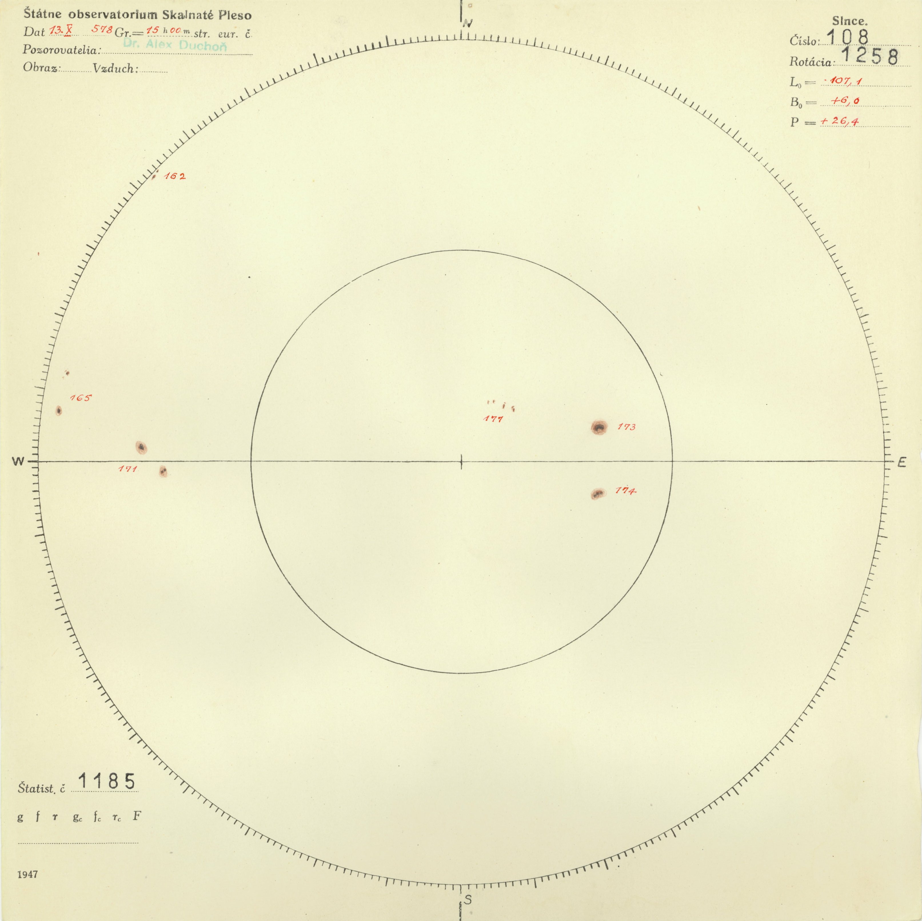 Obrázok zákresu Slnka na deň 13.10.1947