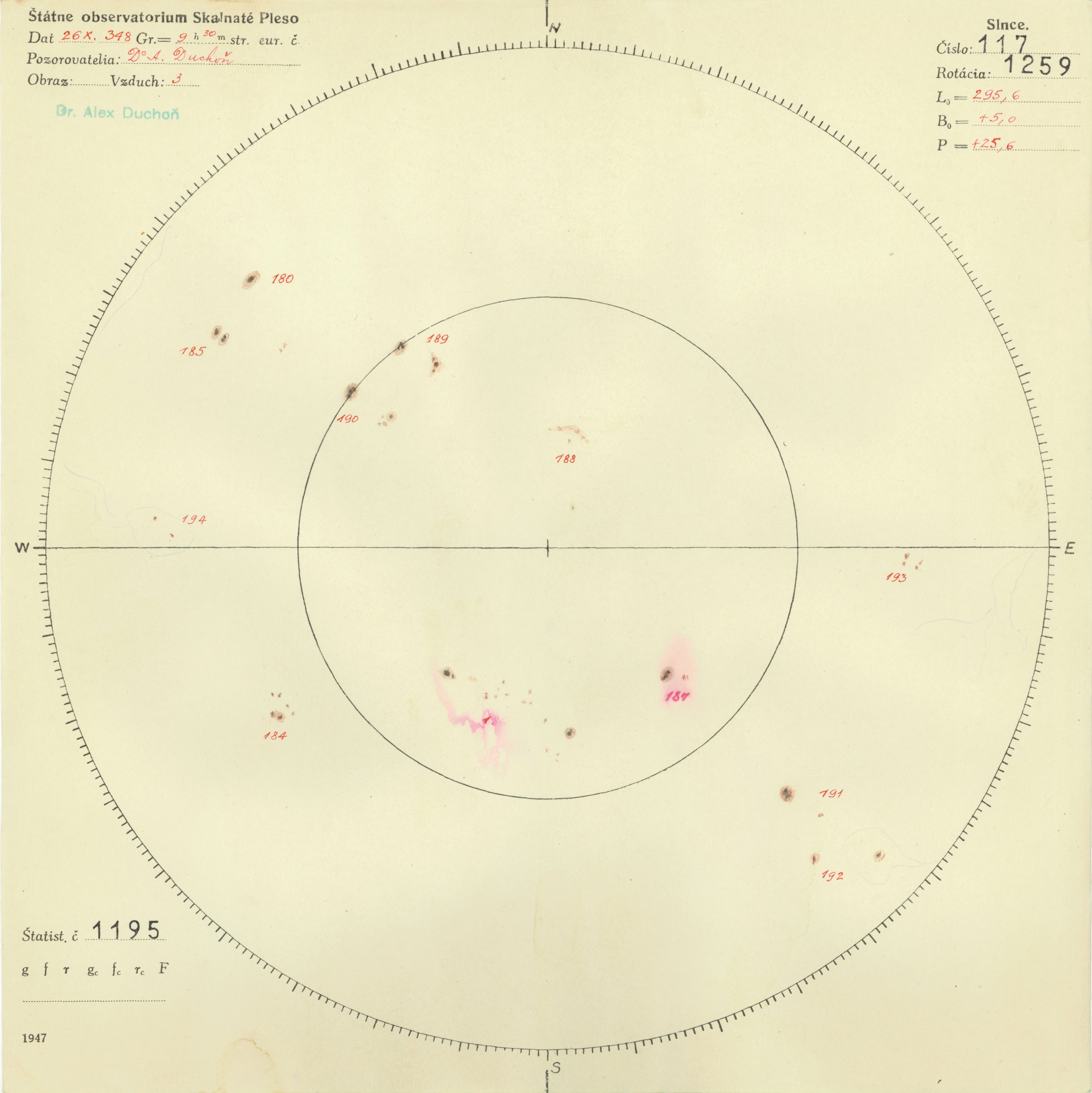 Obrázok zákresu Slnka na deň 26.10.1947