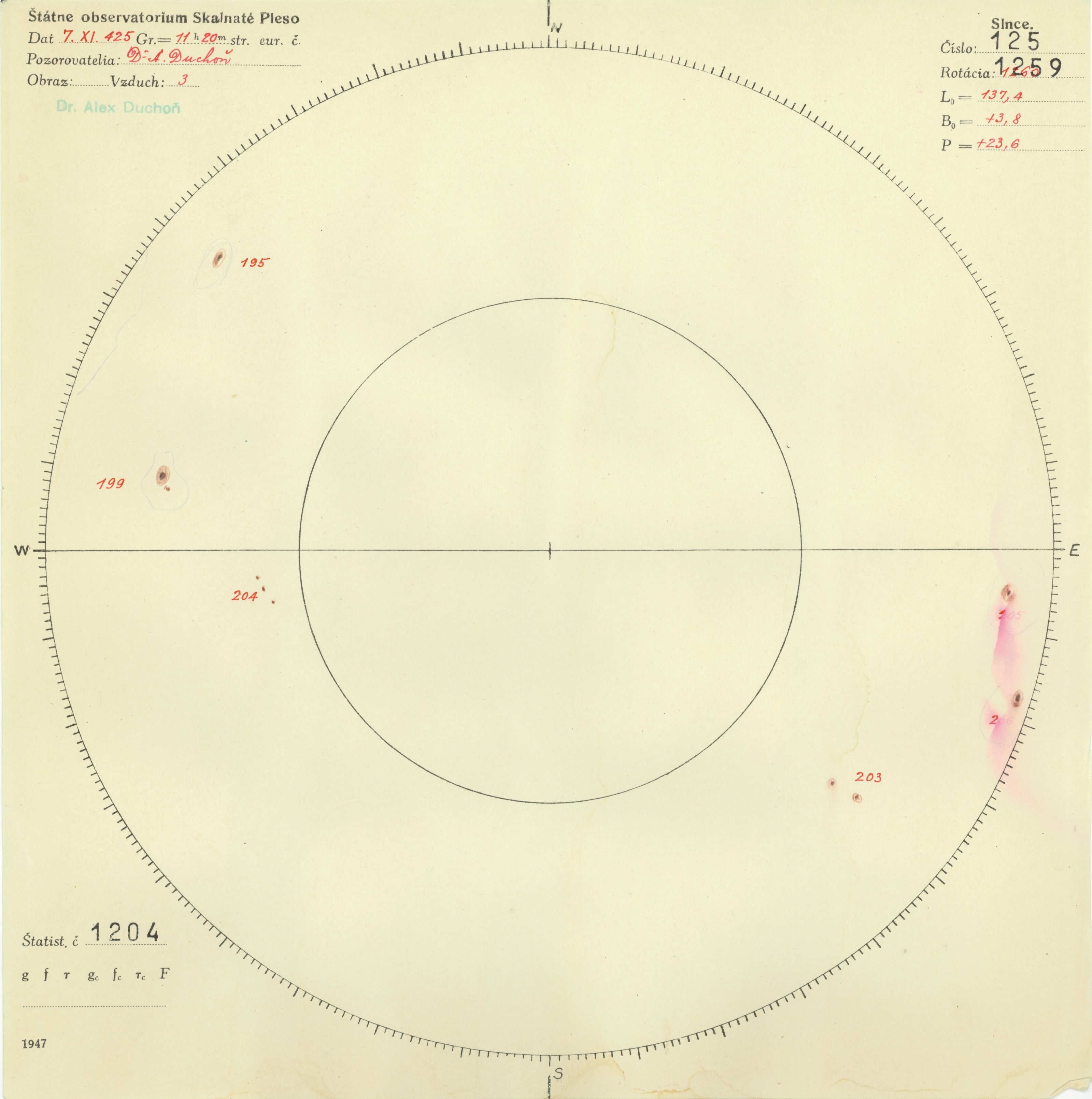 Obrázok zákresu Slnka na deň 07.11.1947