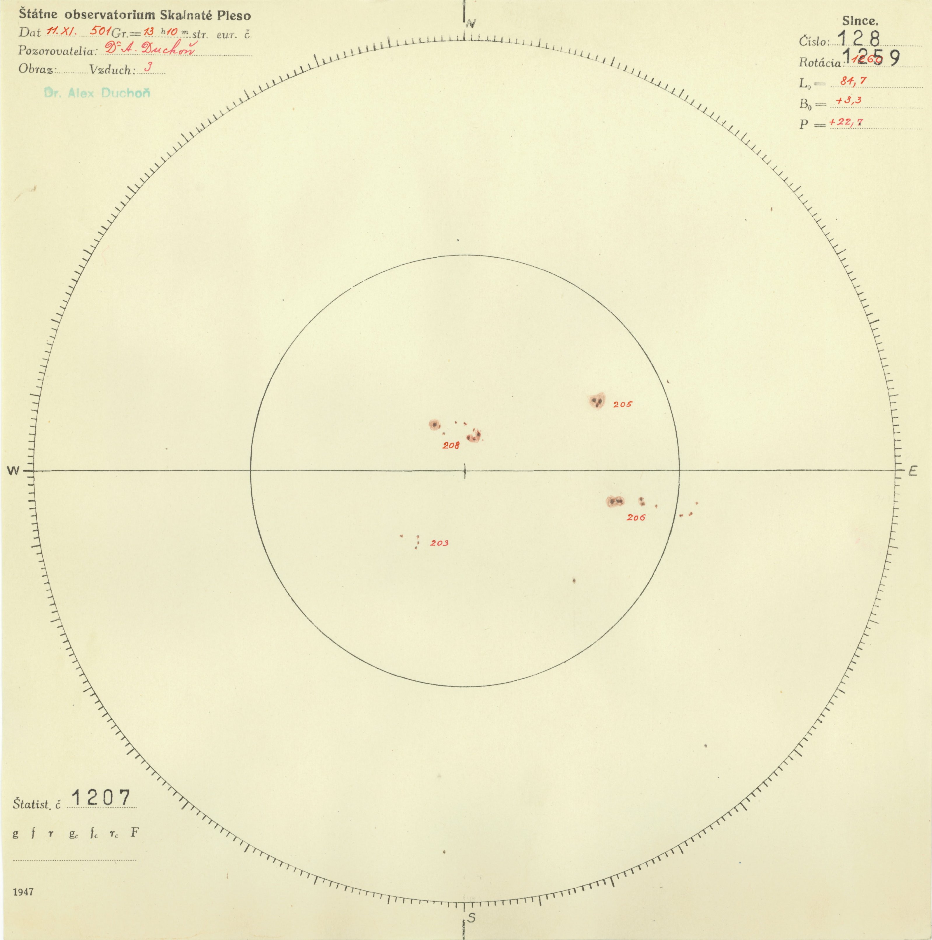 Obrázok zákresu Slnka na deň 11.11.1947