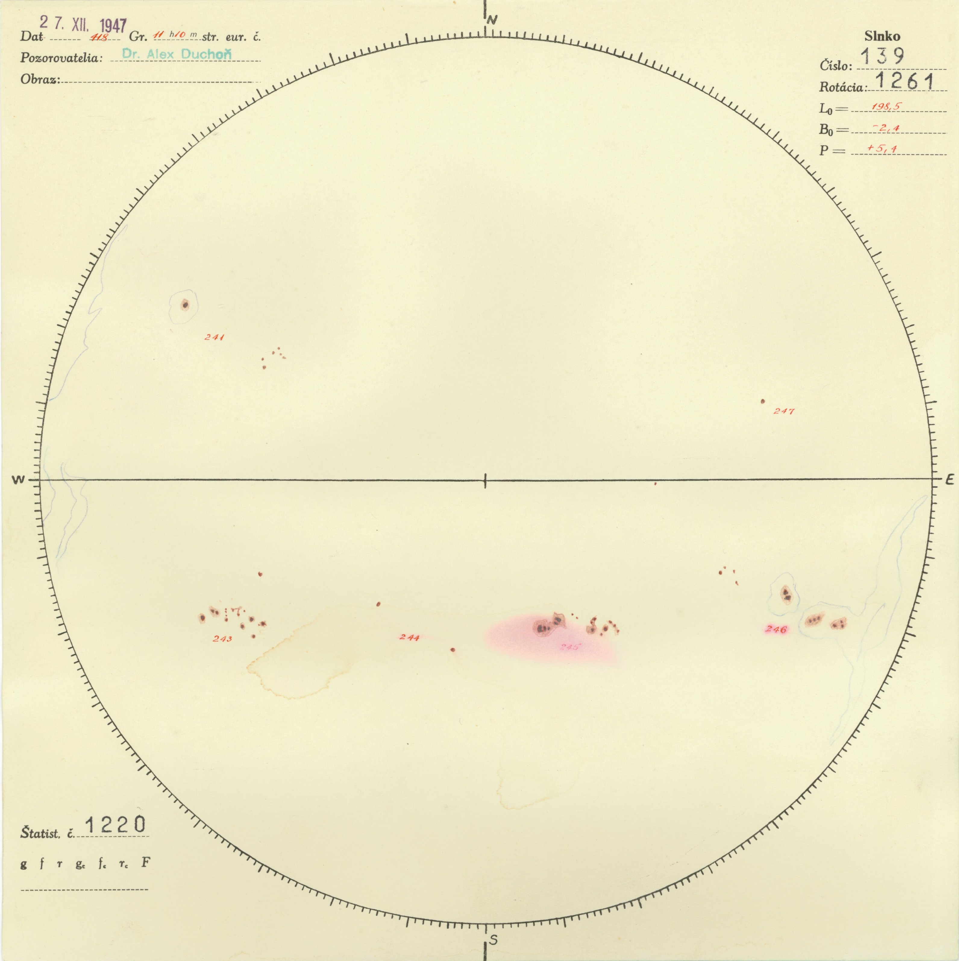 Obrázok zákresu Slnka na deň 27.12.1947