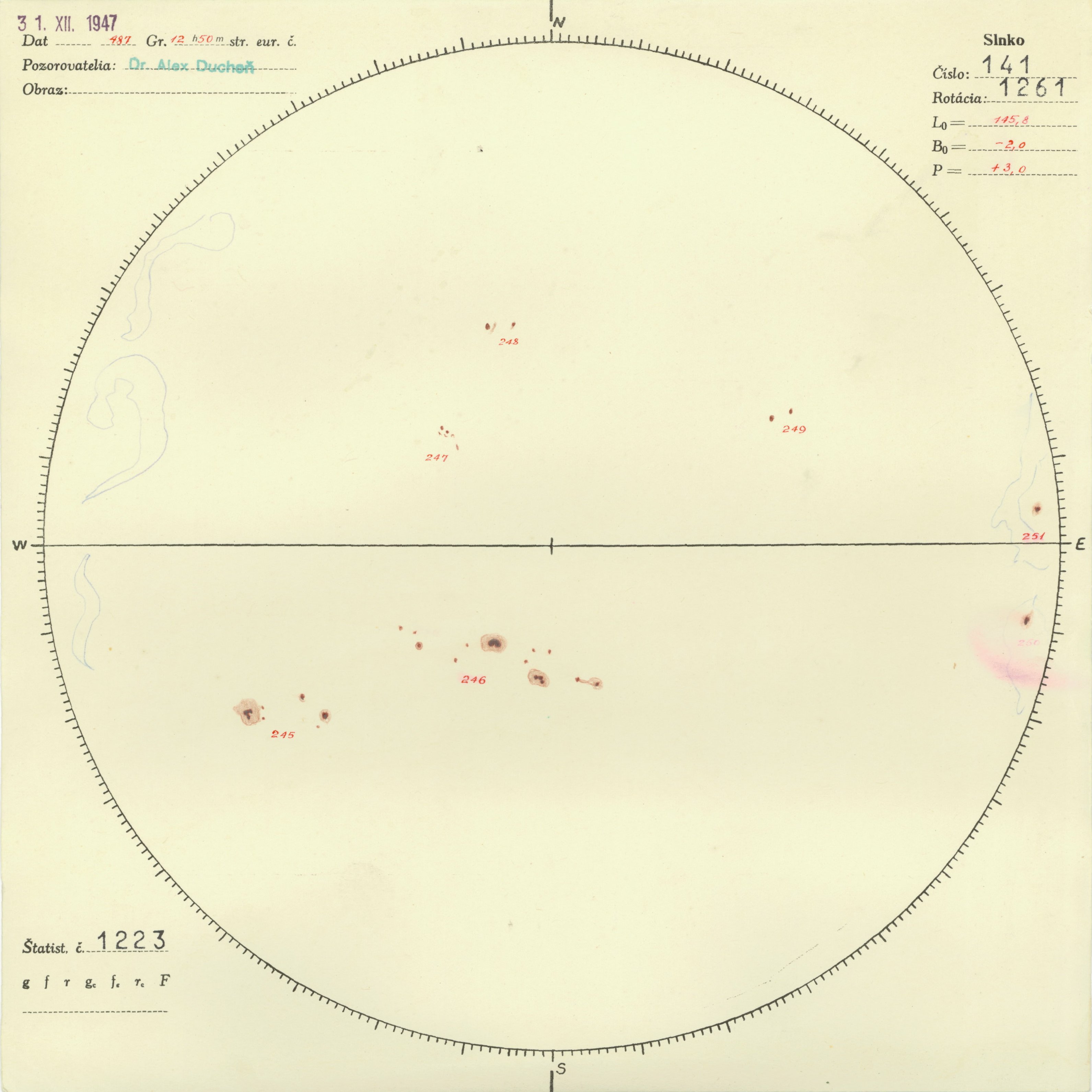 Obrázok zákresu Slnka na deň 31.12.1947