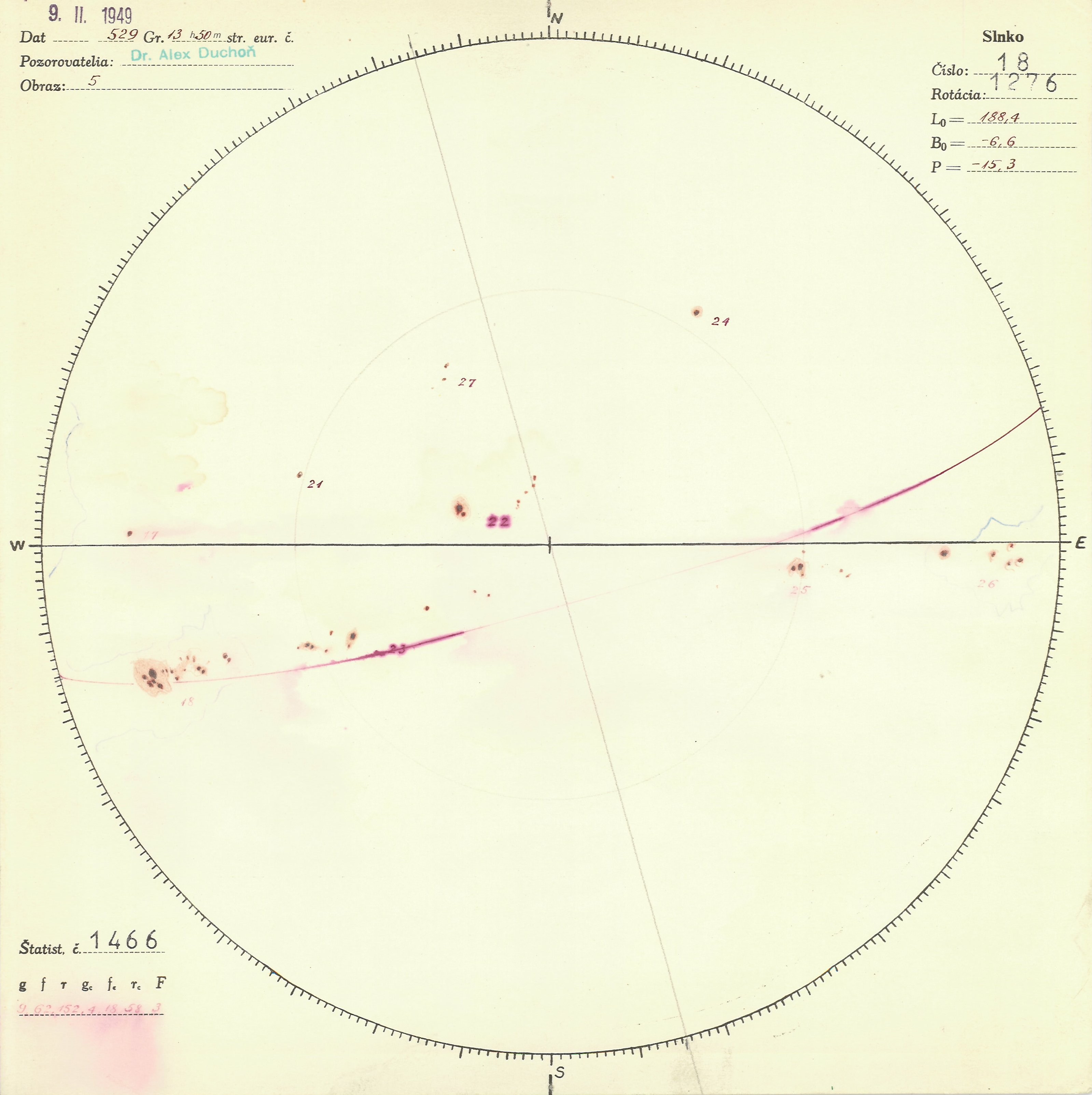 Obrázok zákresu Slnka na deň 09.02.1949