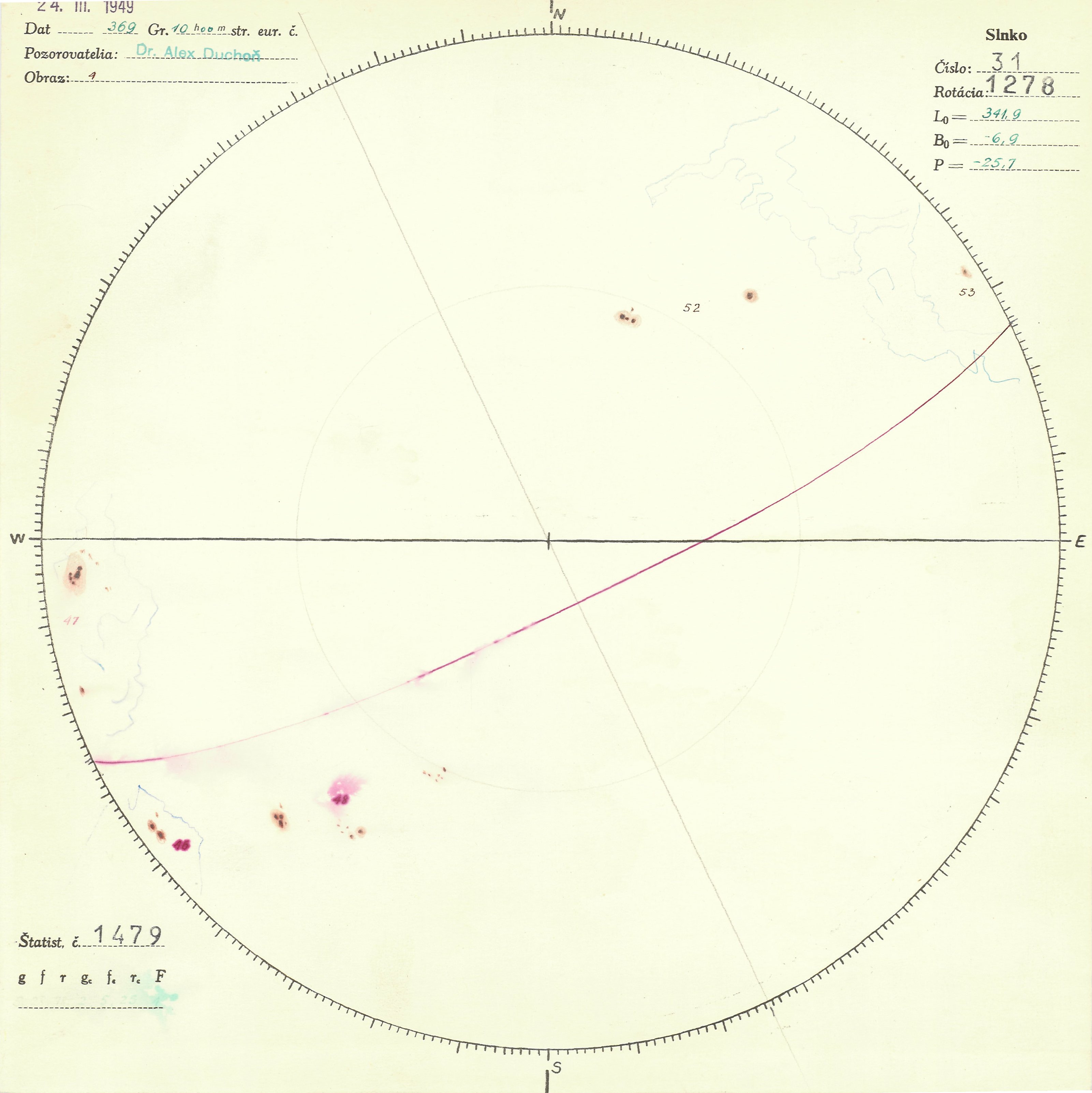 Obrázok zákresu Slnka na deň 24.03.1949