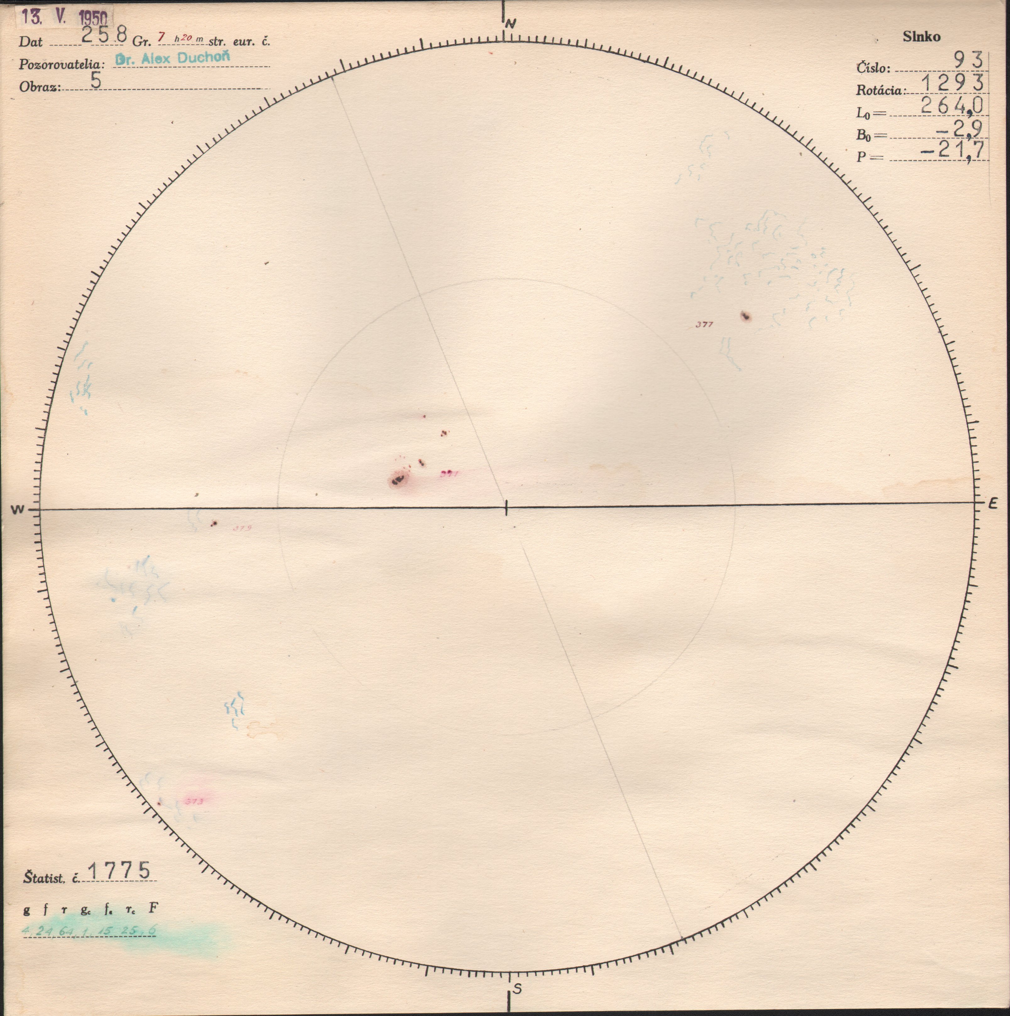 Obrázok zákresu Slnka na deň 13.05.1950