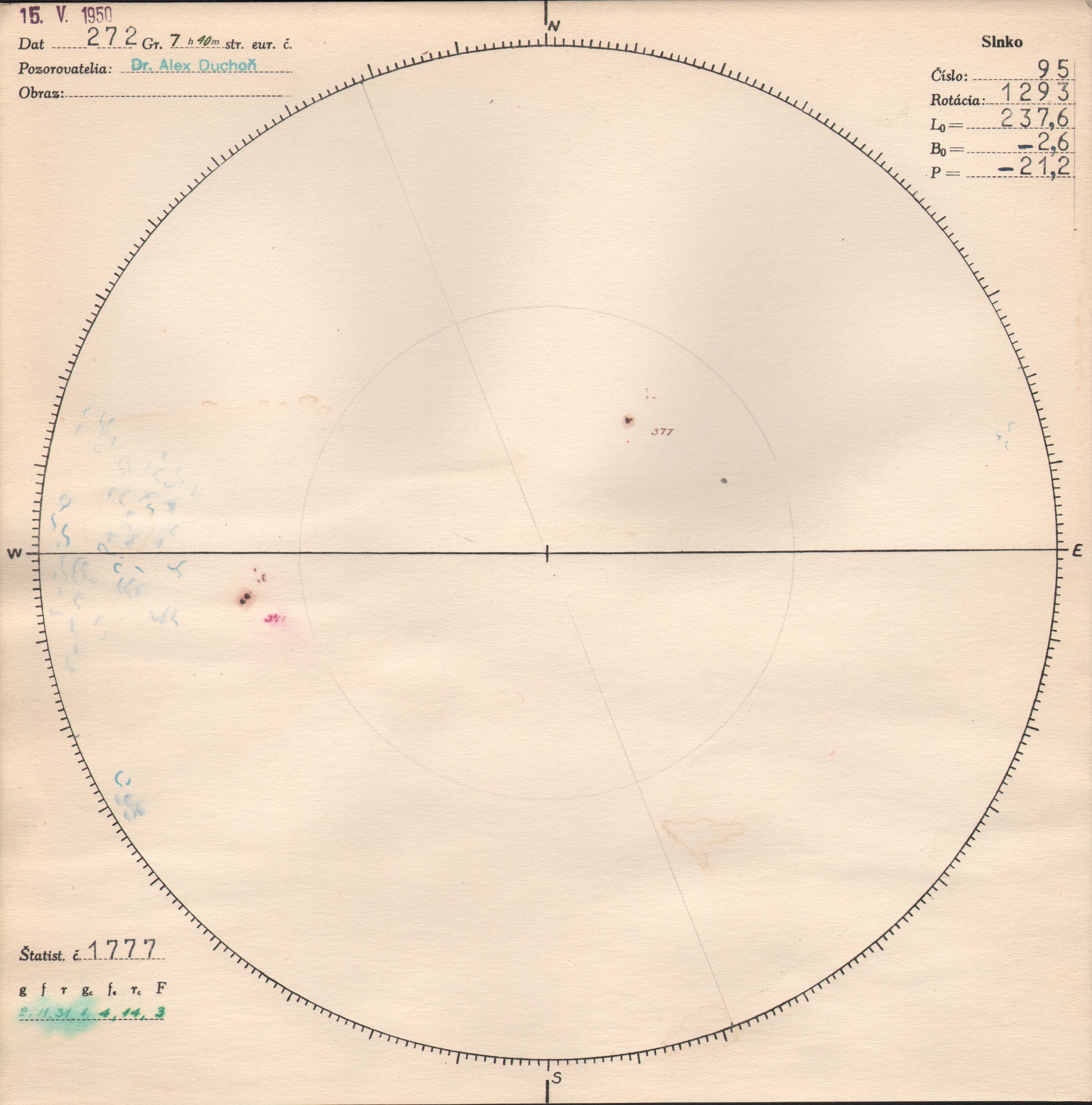Obrázok zákresu Slnka na deň 15.05.1950
