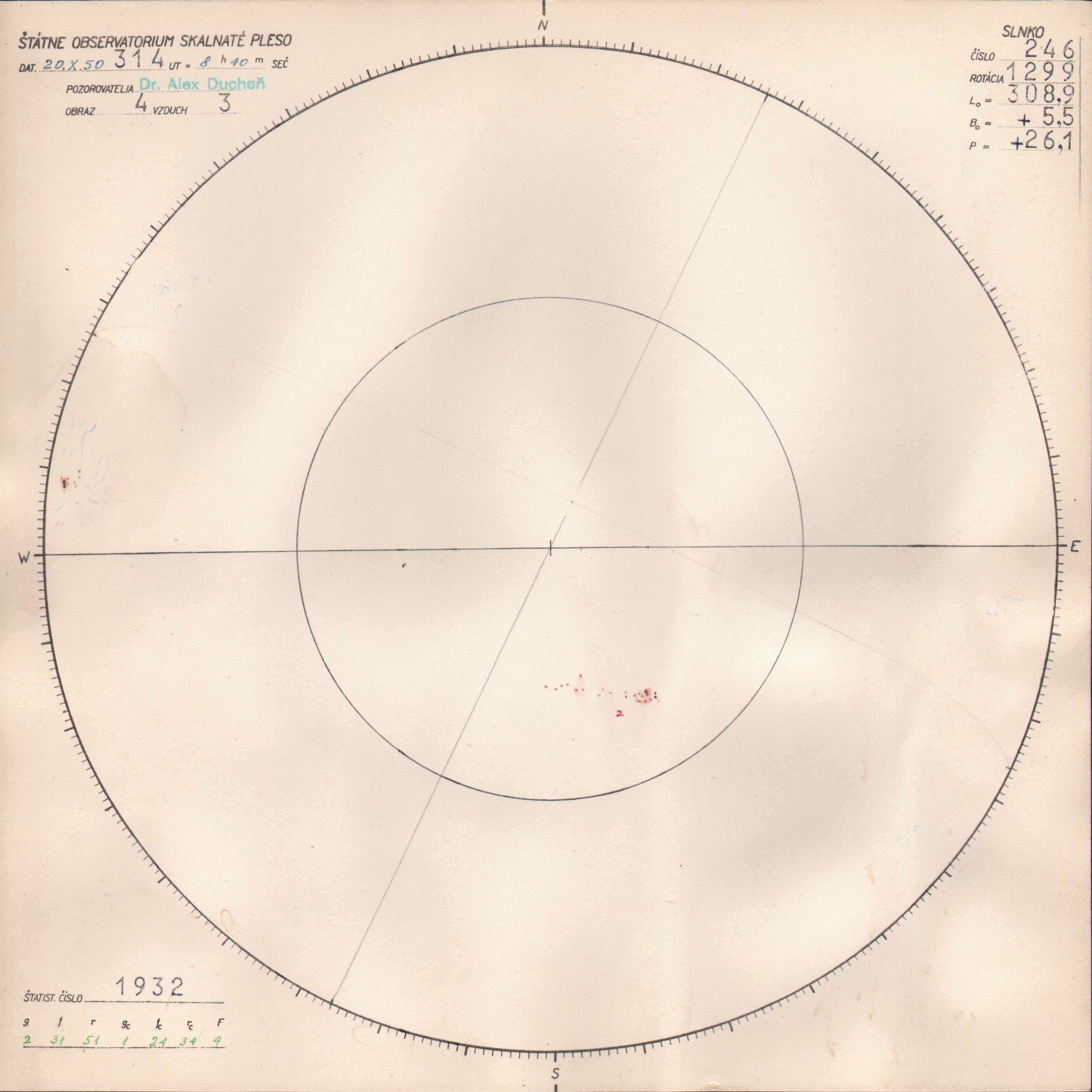 Obrázok zákresu Slnka na deň 20.10.1950