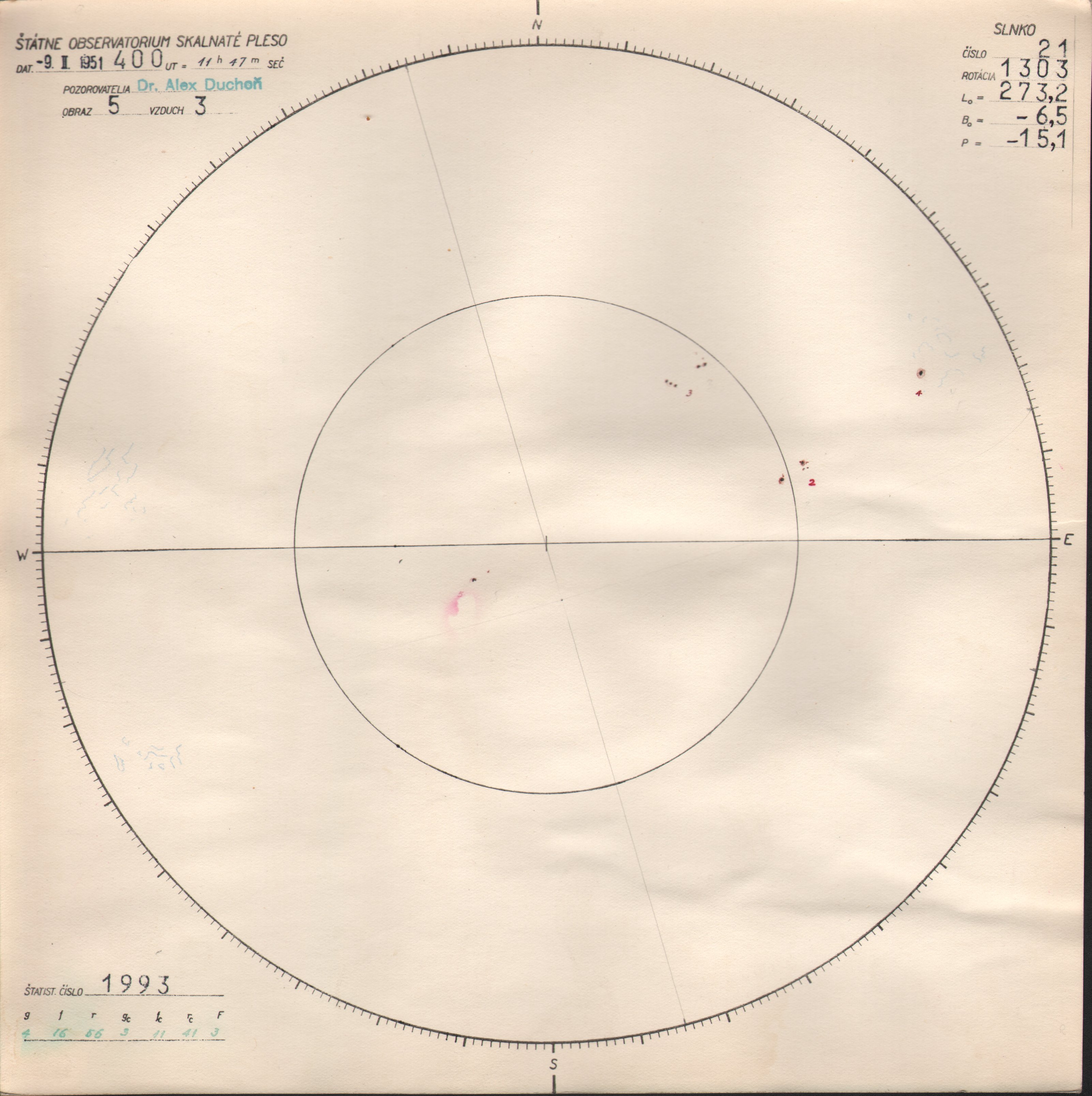 Obrázok zákresu Slnka na deň 09.02.1951