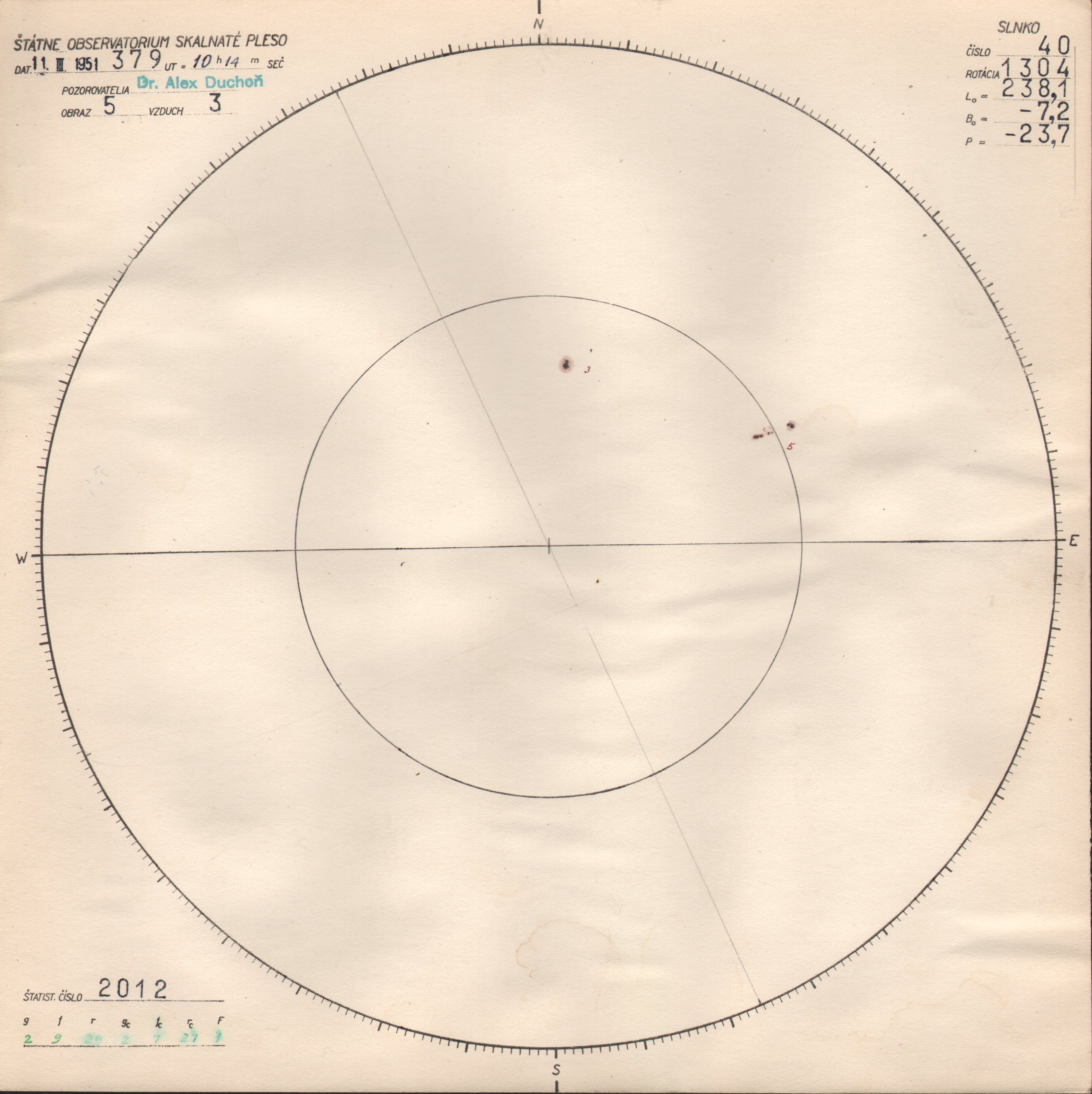 Obrázok zákresu Slnka na deň 11.03.1951