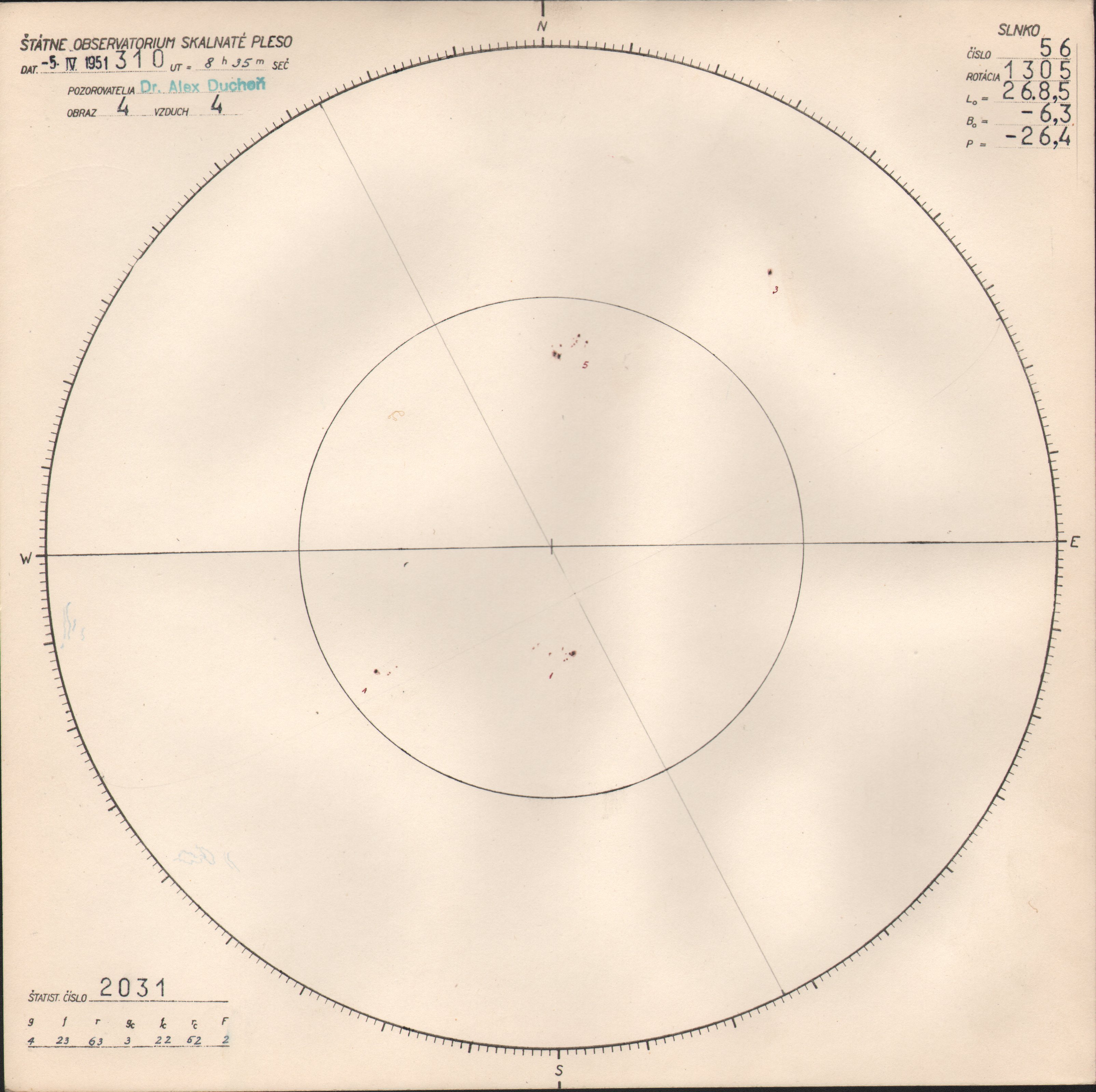 Obrázok zákresu Slnka na deň 05.04.1951