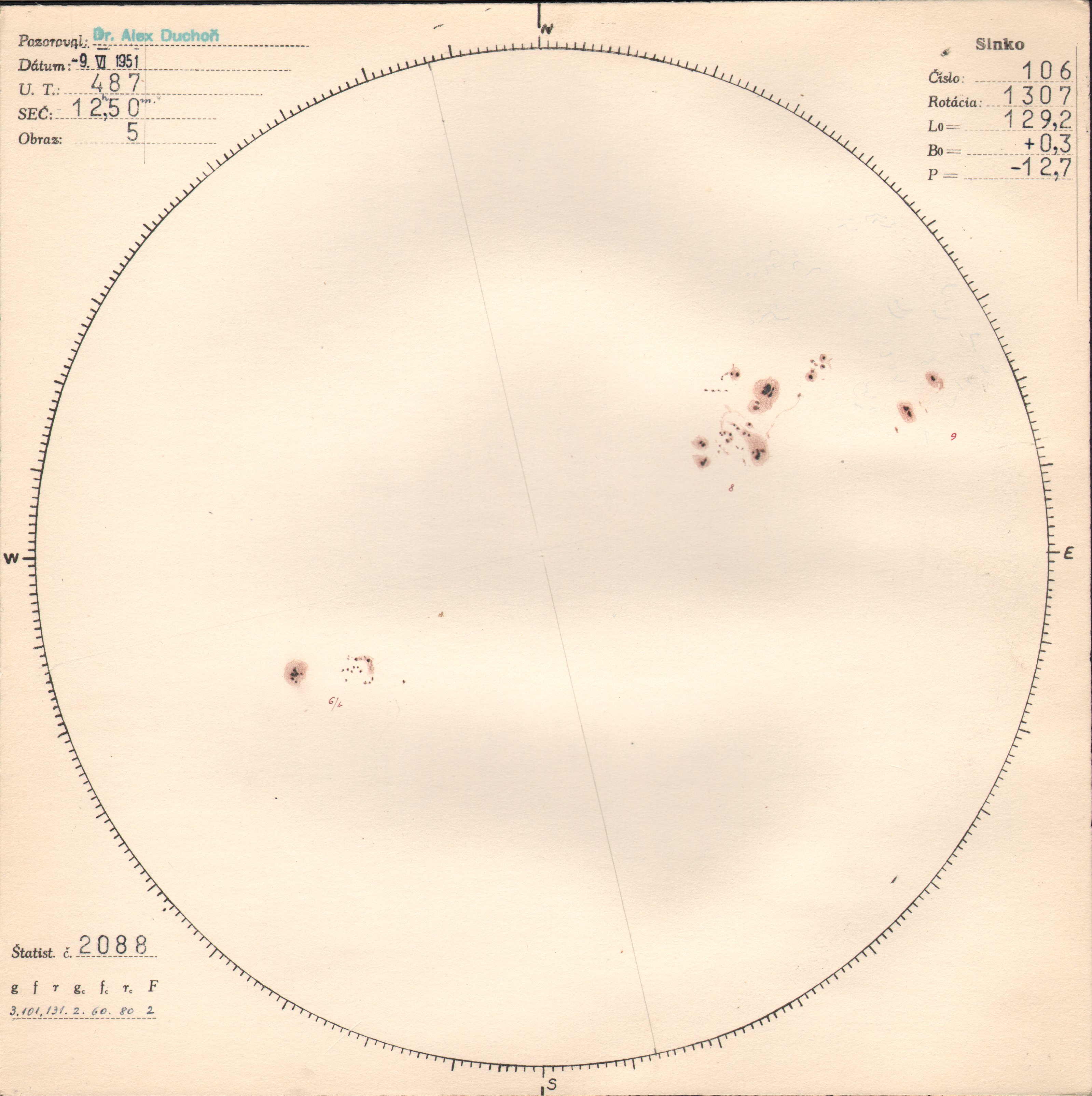 Obrázok zákresu Slnka na deň 09.06.1951