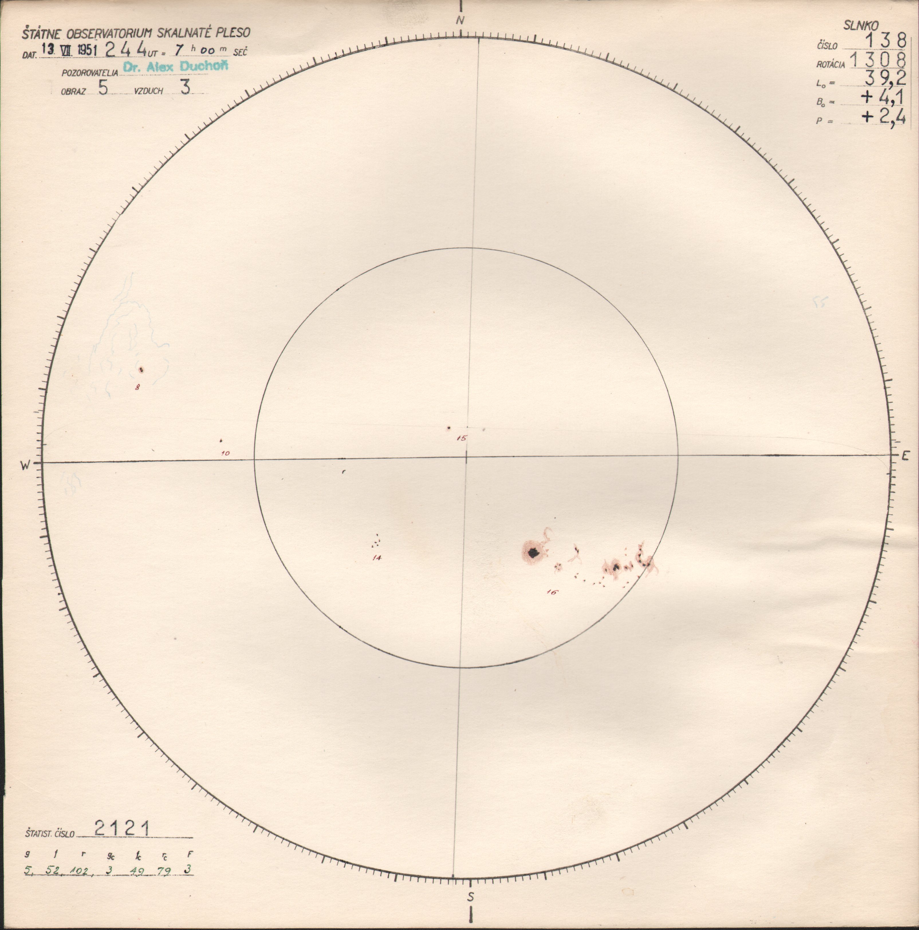 Obrázok zákresu Slnka na deň 13.07.1951