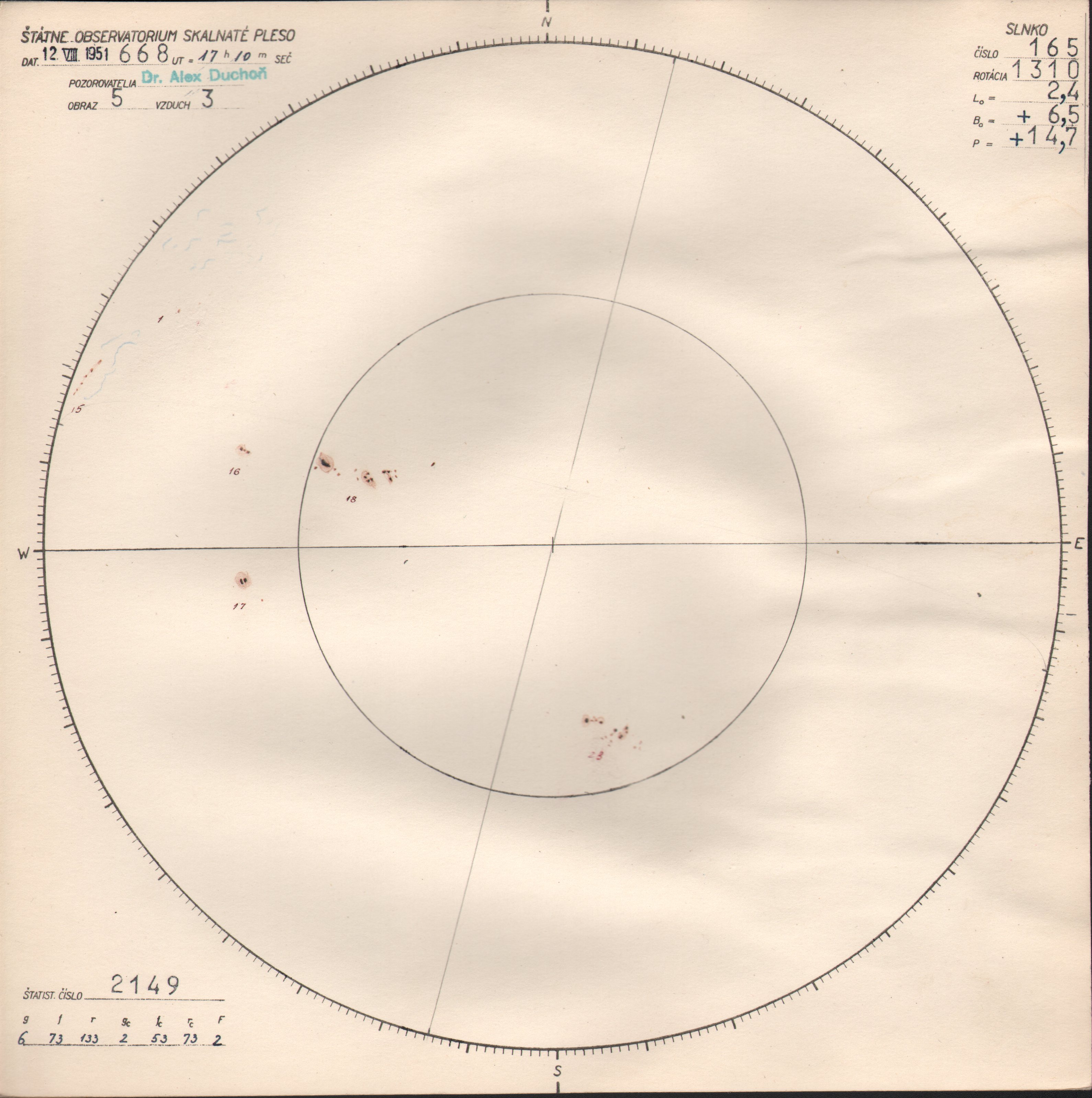 Obrázok zákresu Slnka na deň 12.08.1951