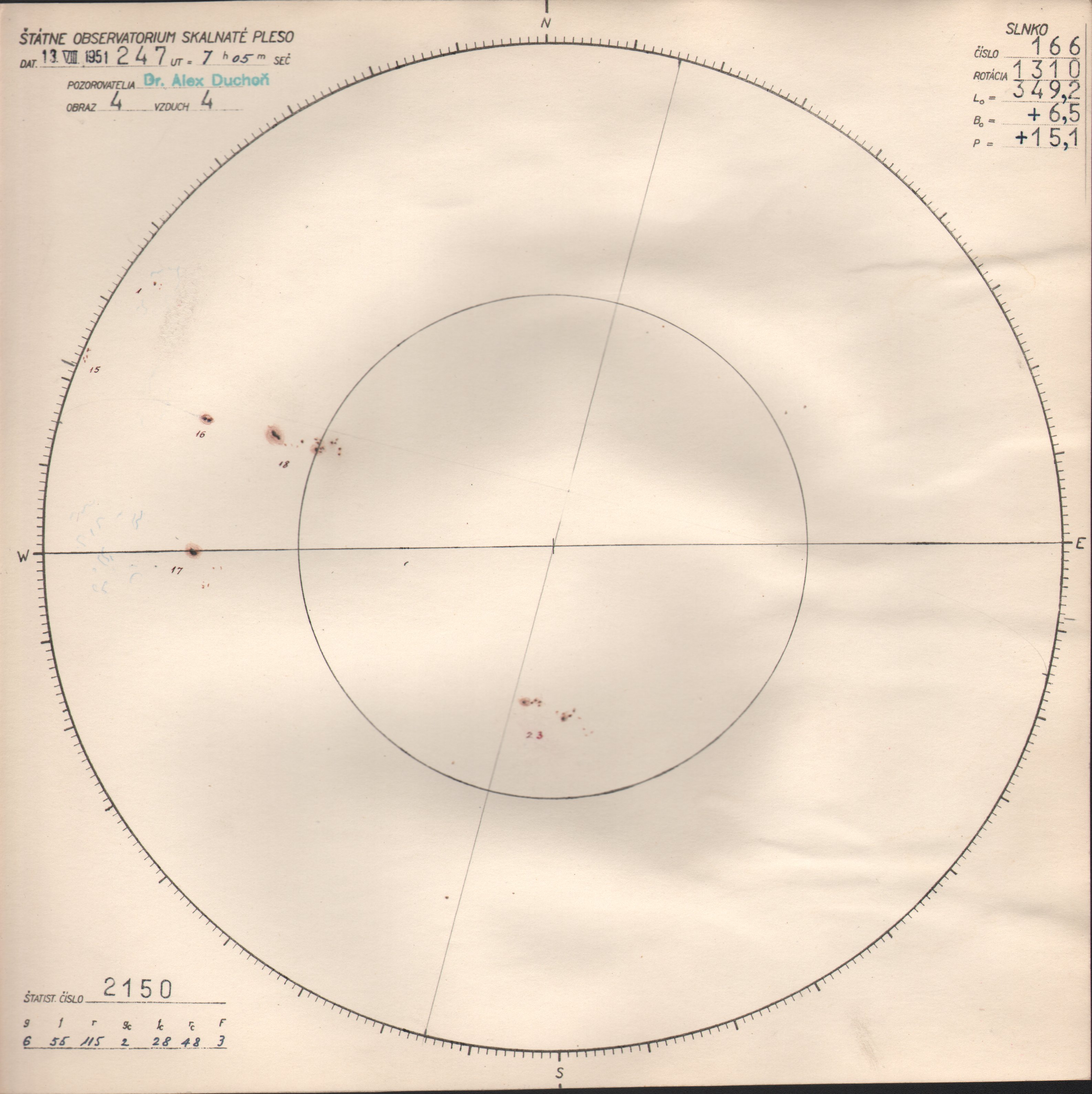 Obrázok zákresu Slnka na deň 13.08.1951