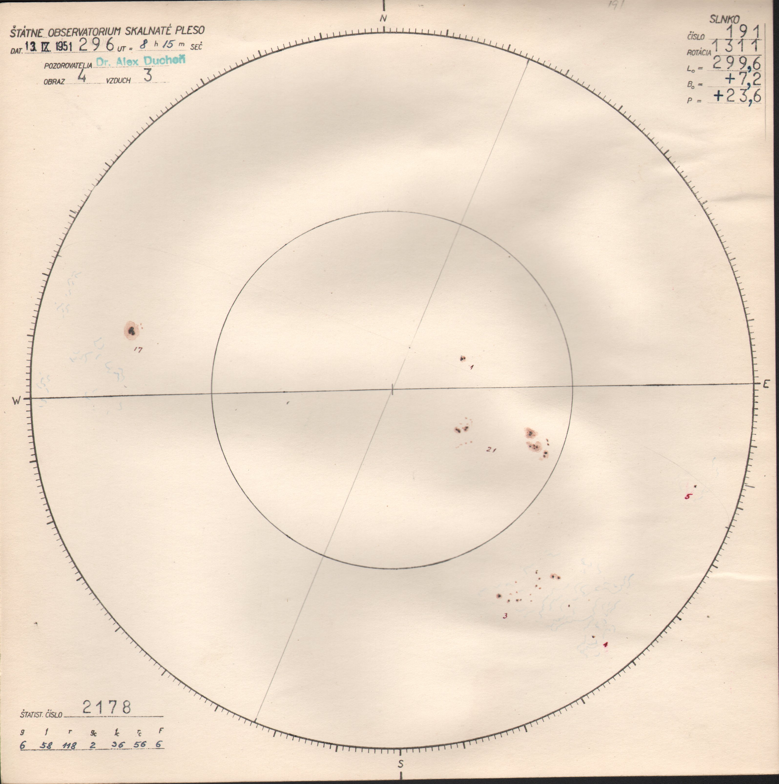 Obrázok zákresu Slnka na deň 13.09.1951