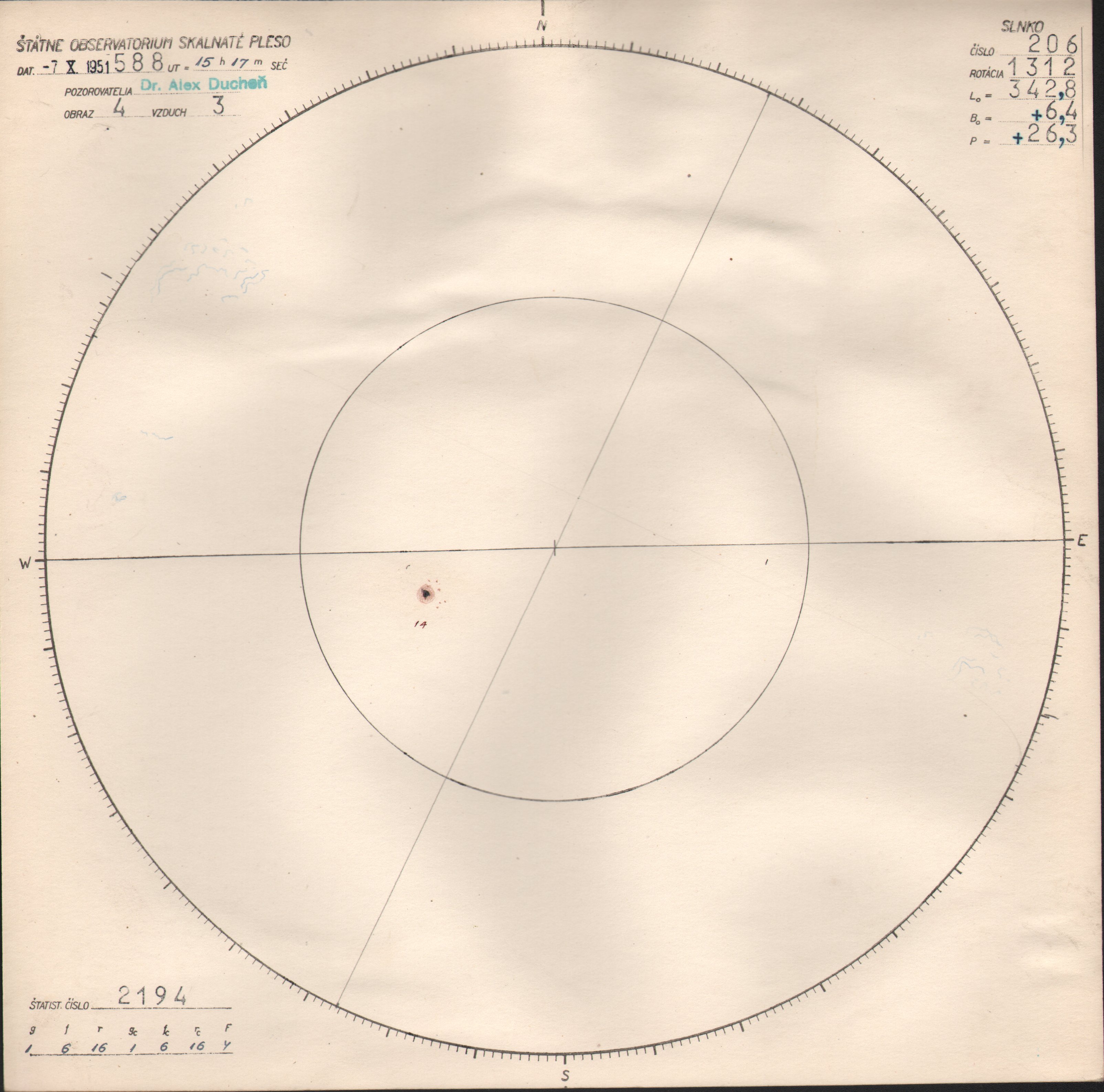 Obrázok zákresu Slnka na deň 07.10.1951