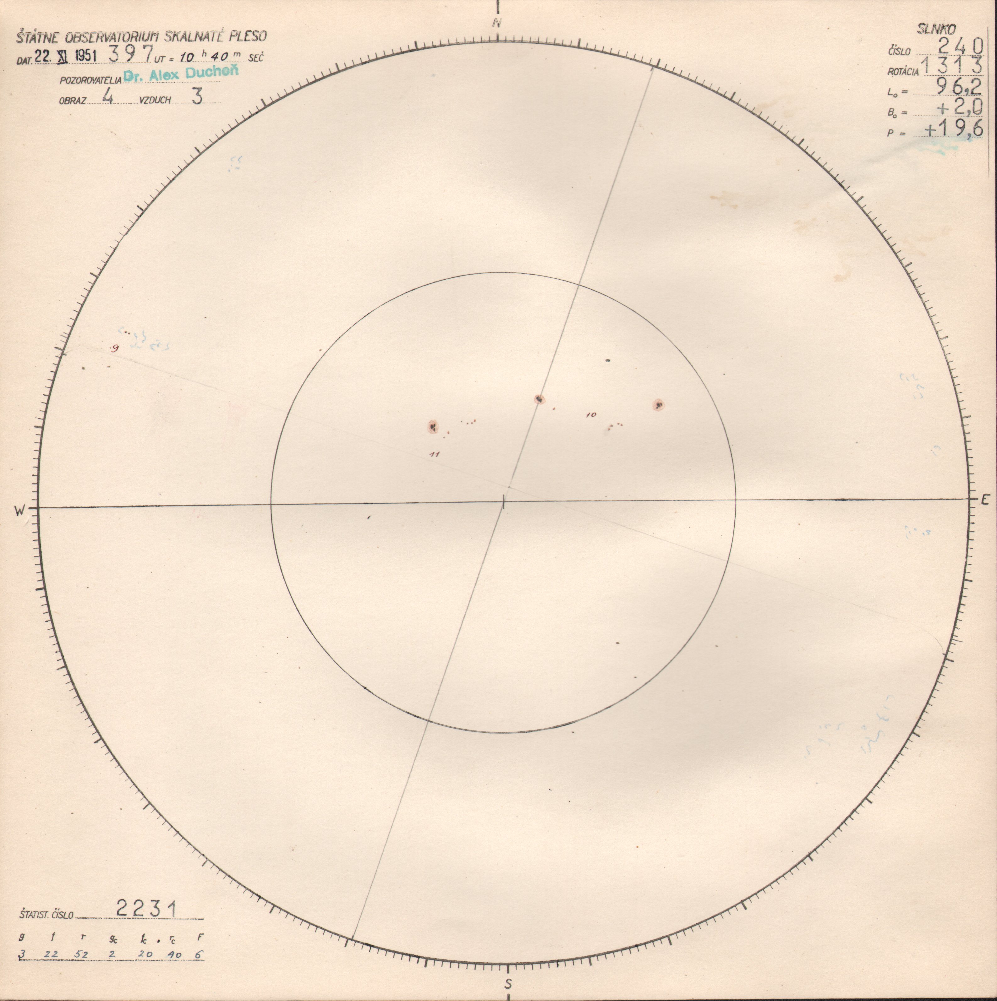 Obrázok zákresu Slnka na deň 22.11.1951