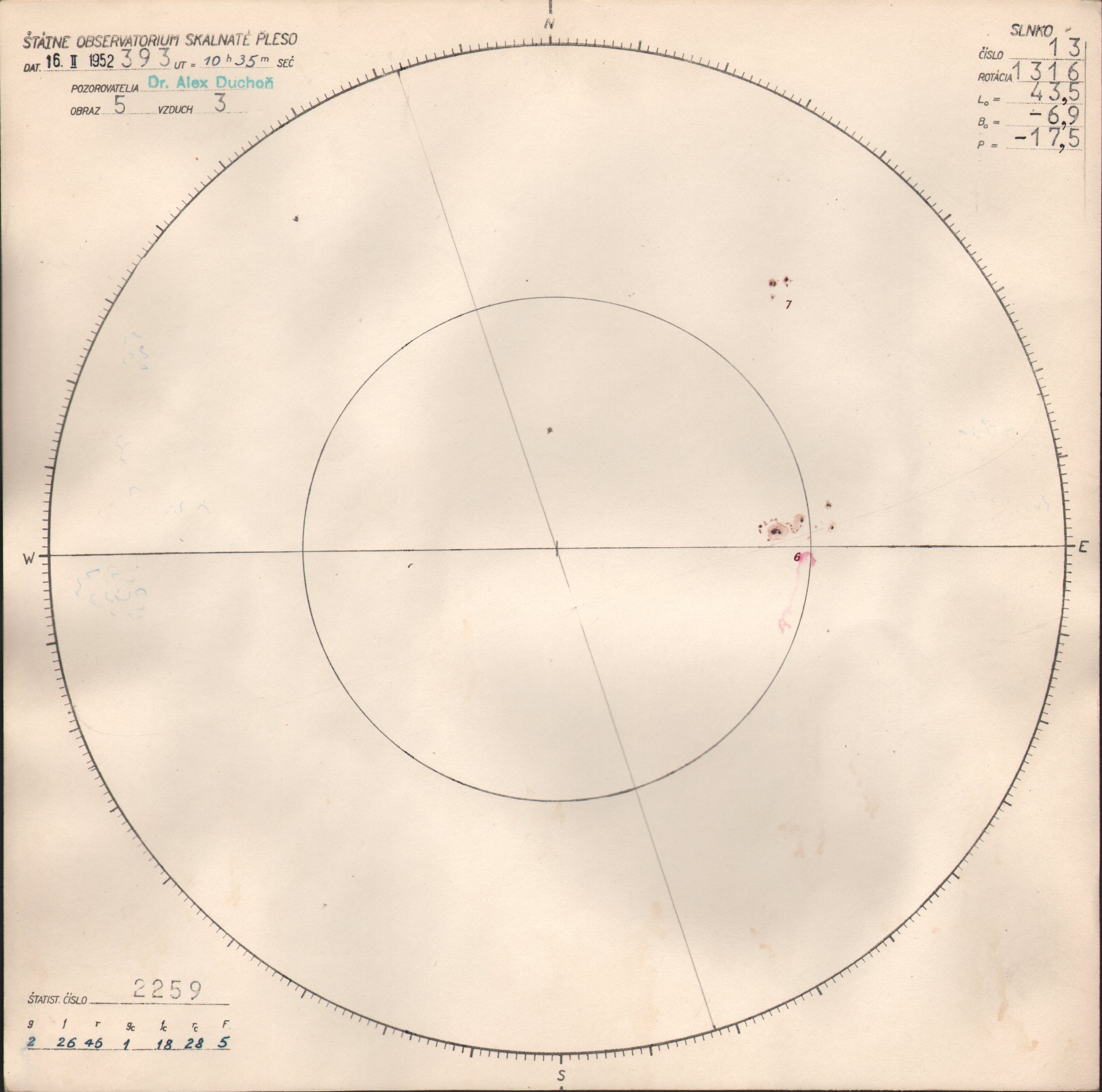 Obrázok zákresu Slnka na deň 16.02.1952