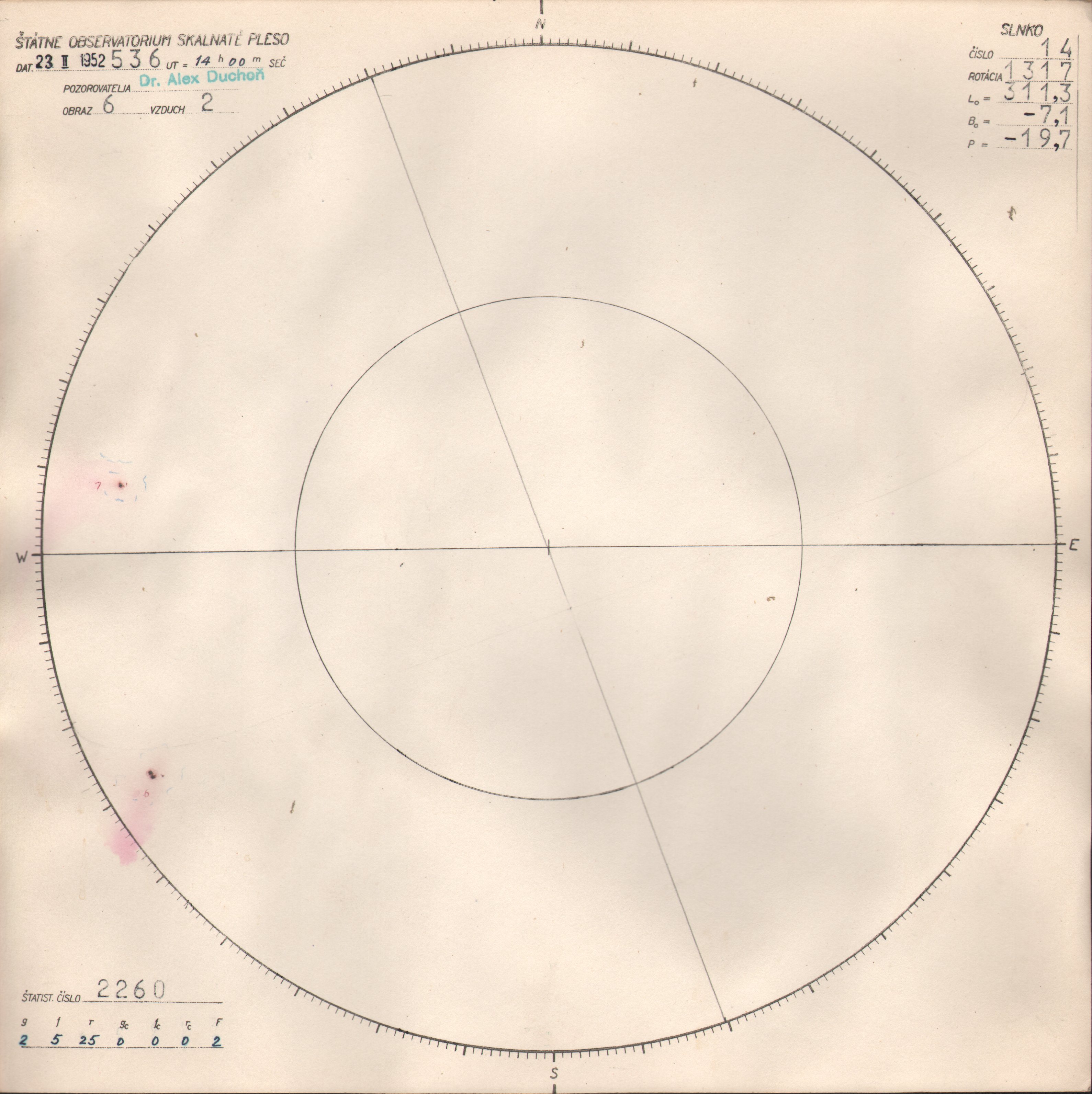 Obrázok zákresu Slnka na deň 23.02.1952