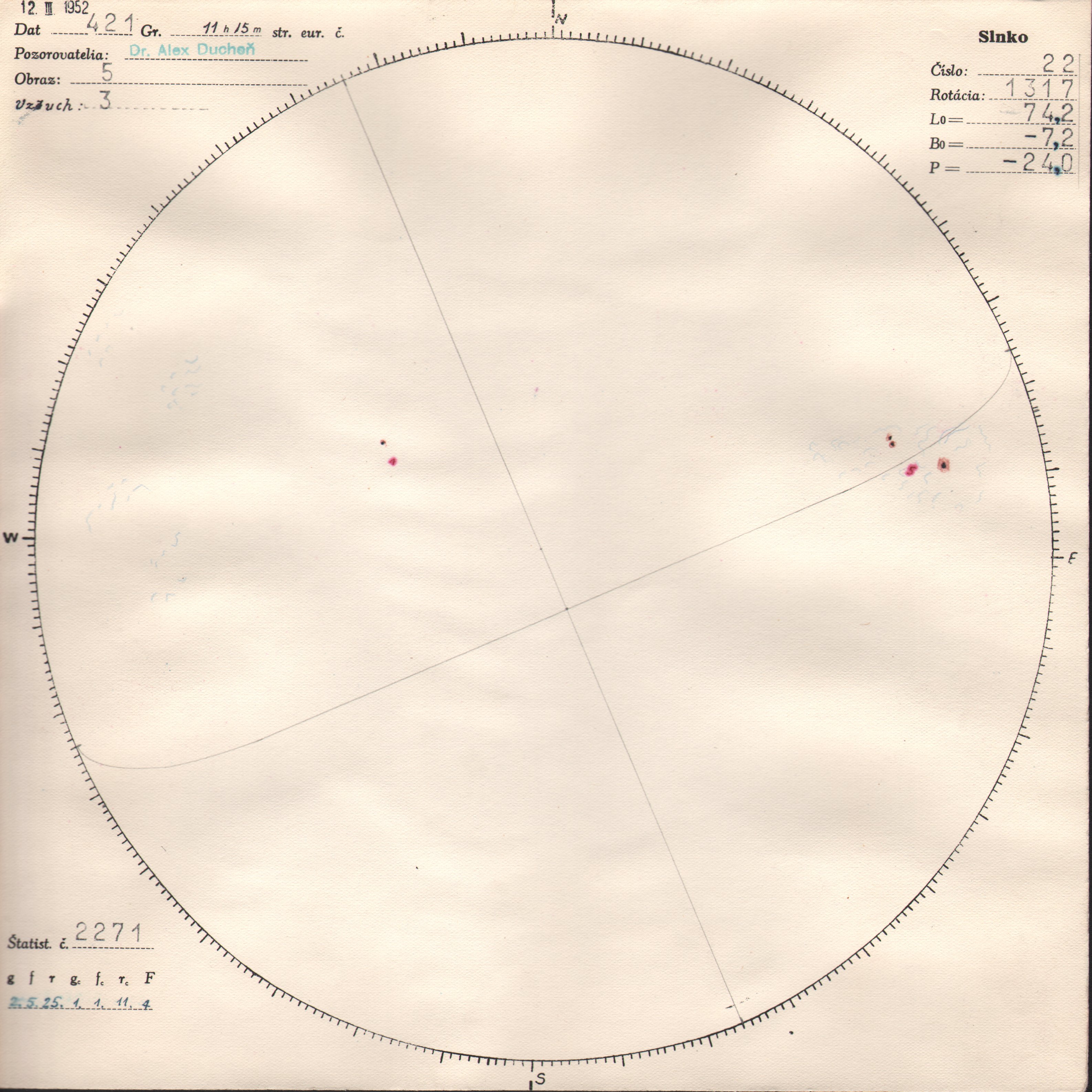 Obrázok zákresu Slnka na deň 12.03.1952