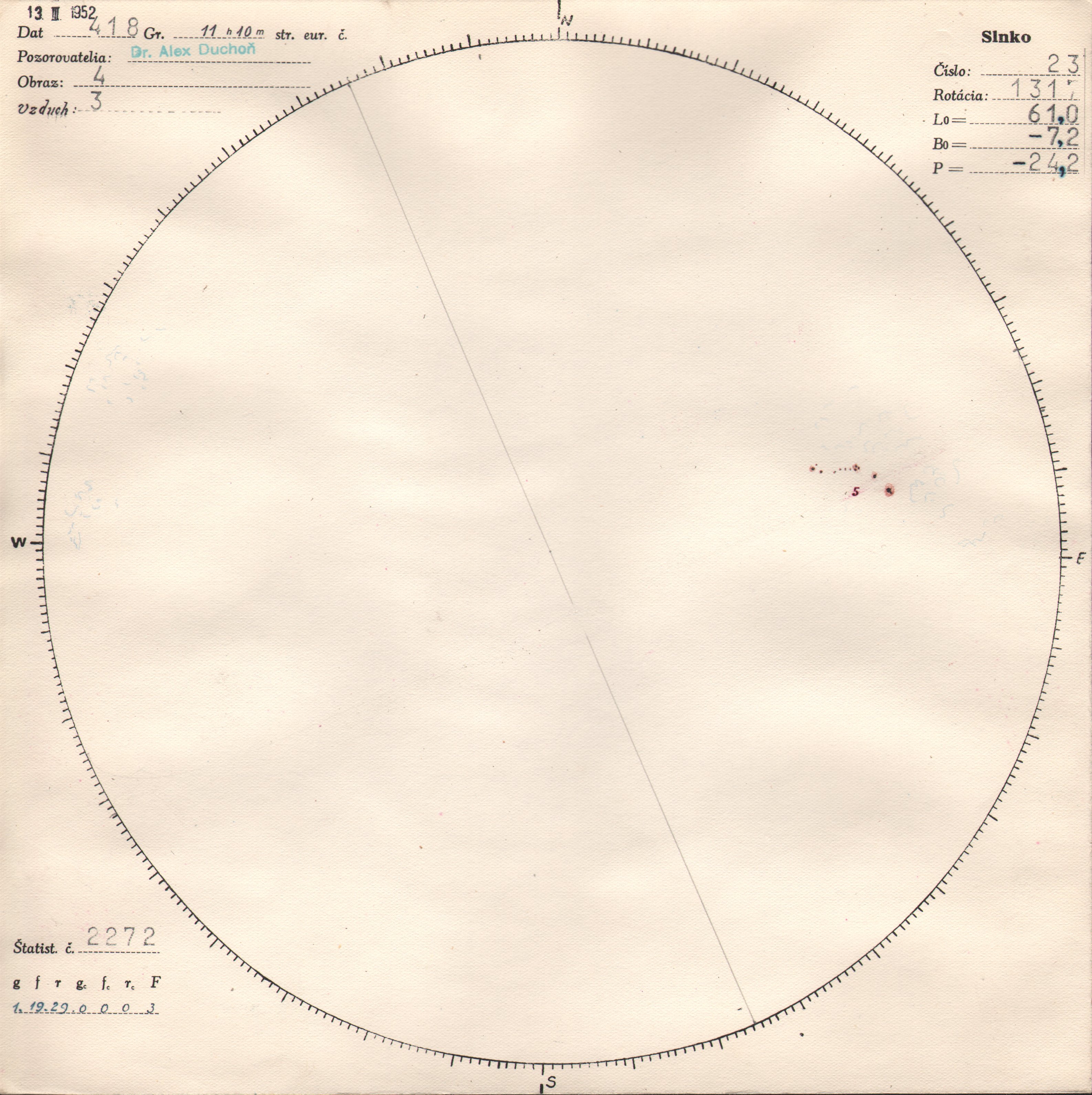 Obrázok zákresu Slnka na deň 13.03.1952