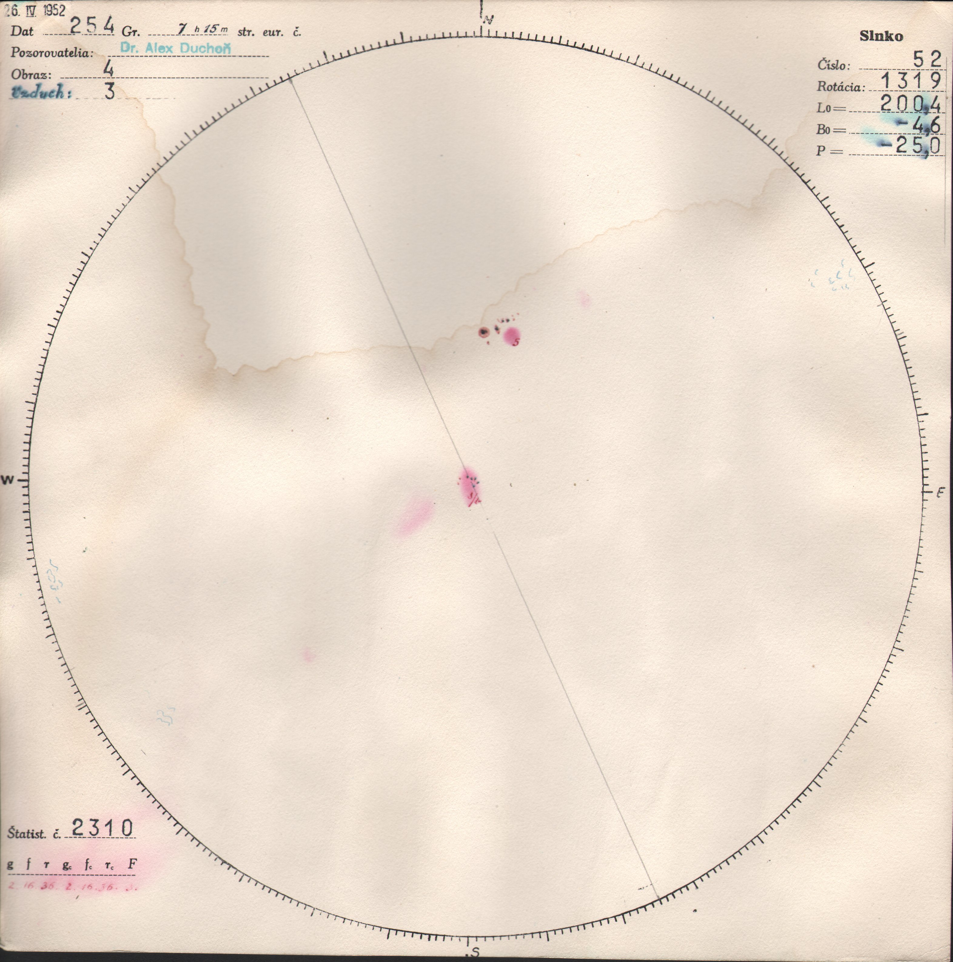 Obrázok zákresu Slnka na deň 26.04.1952