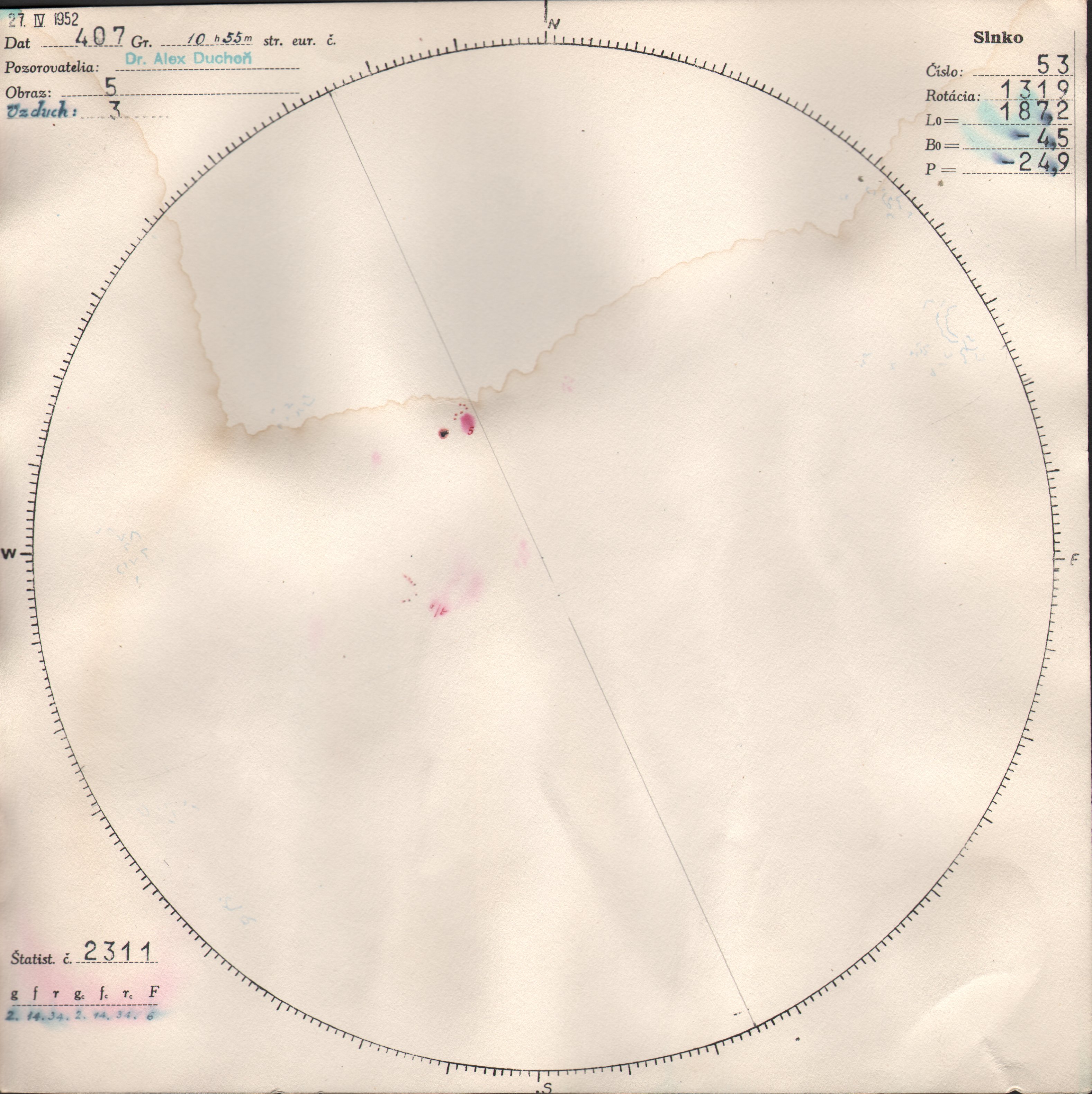 Obrázok zákresu Slnka na deň 27.04.1952