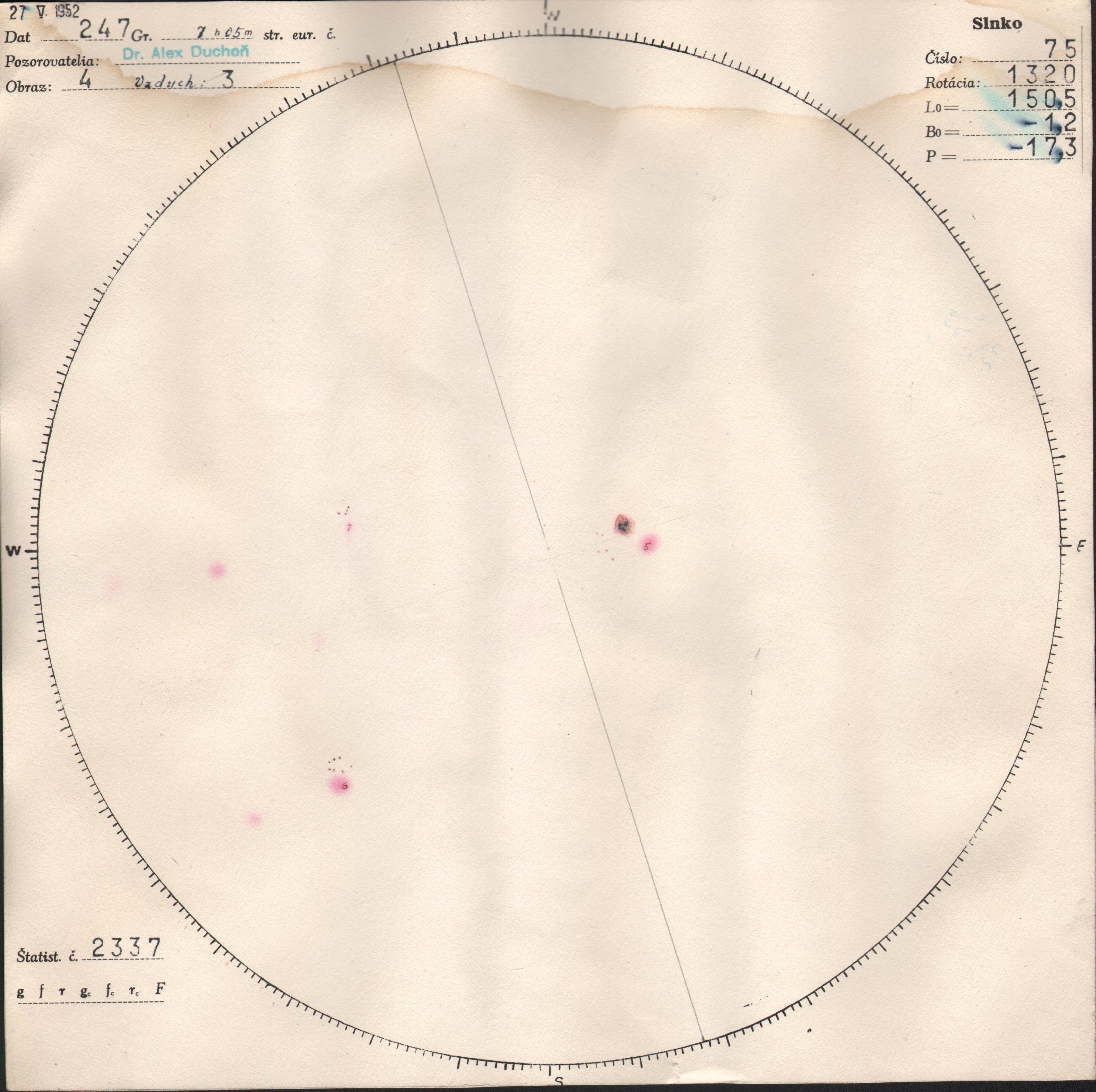 Obrázok zákresu Slnka na deň 27.05.1952