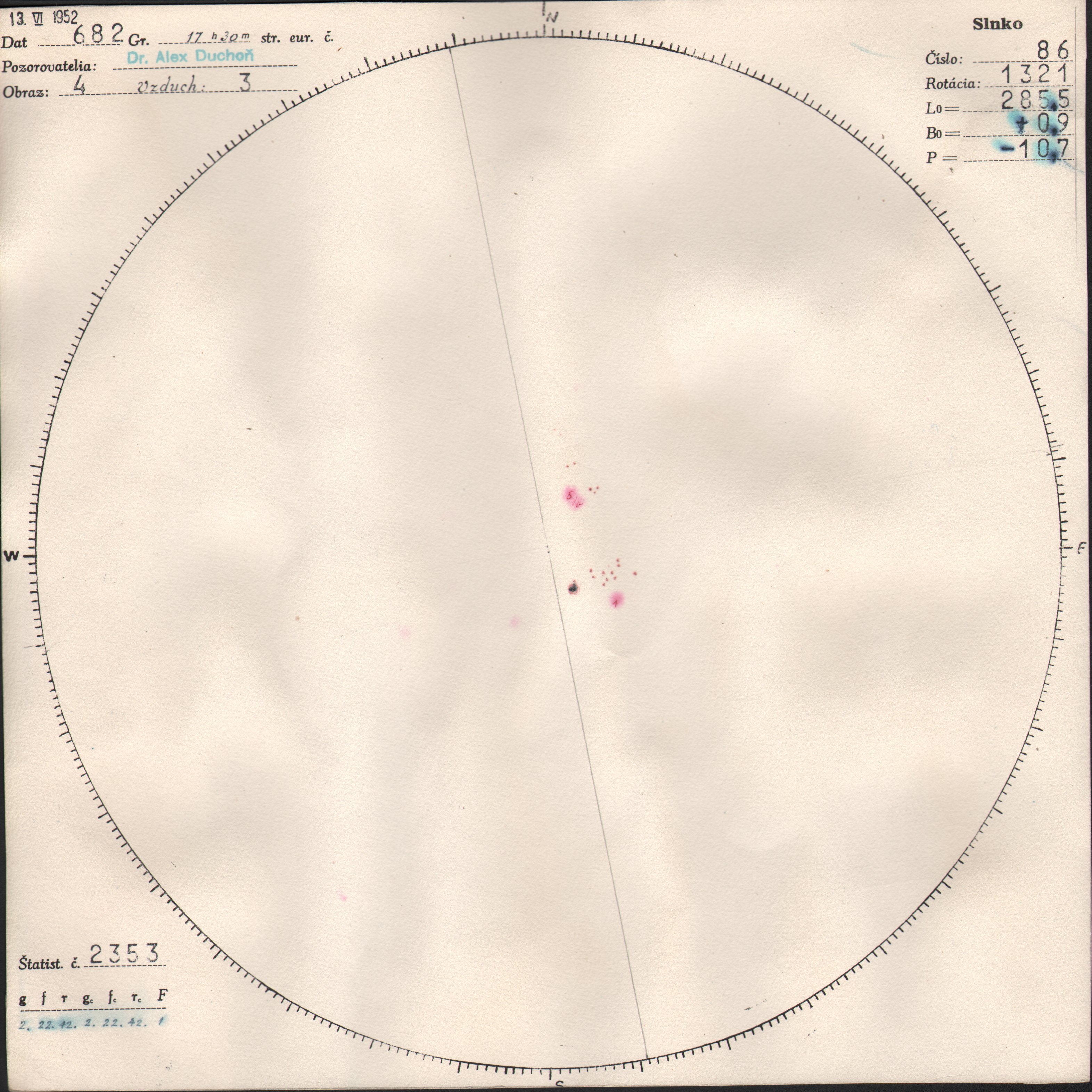 Obrázok zákresu Slnka na deň 13.06.1952