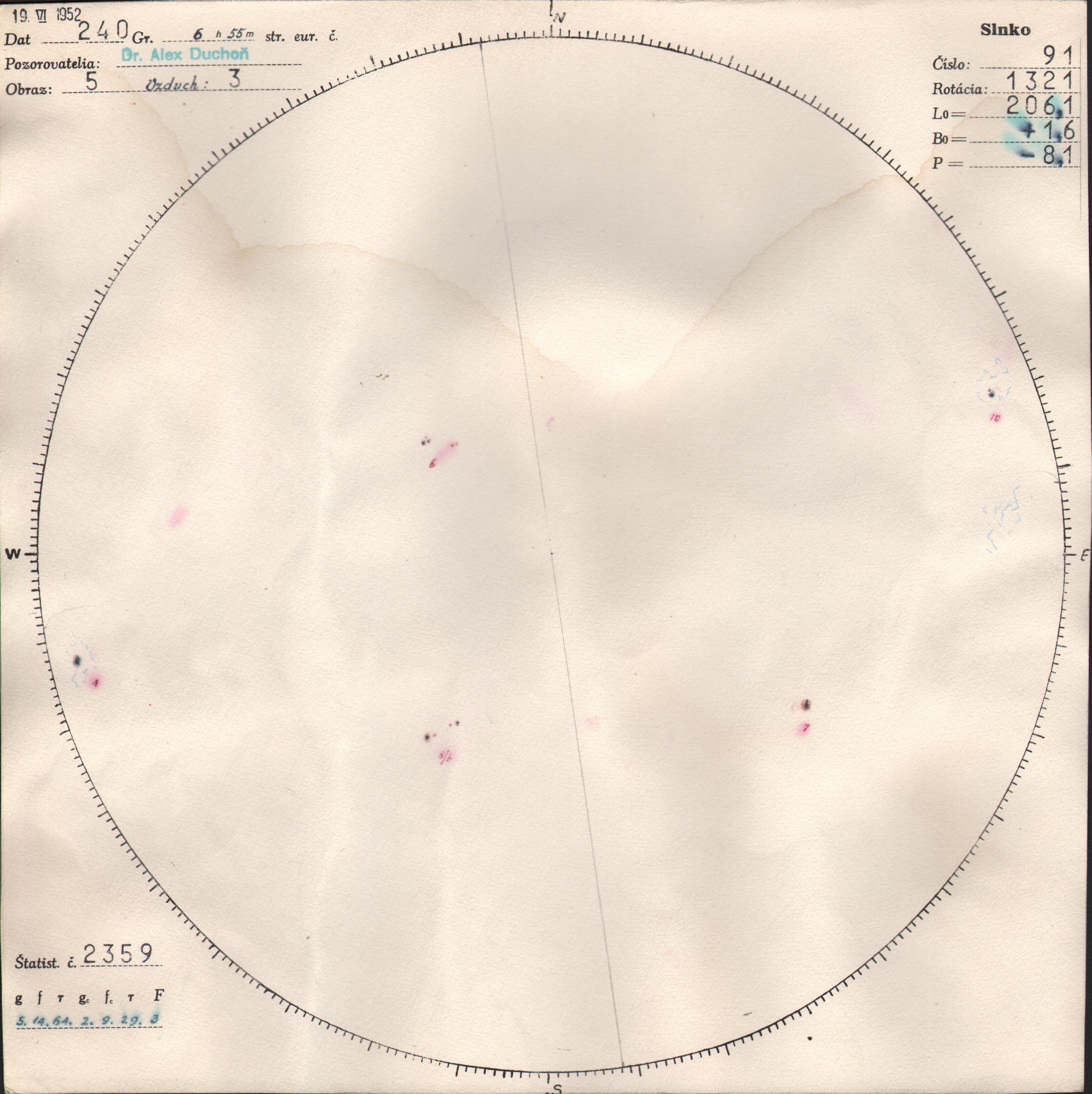 Obrázok zákresu Slnka na deň 19.06.1952