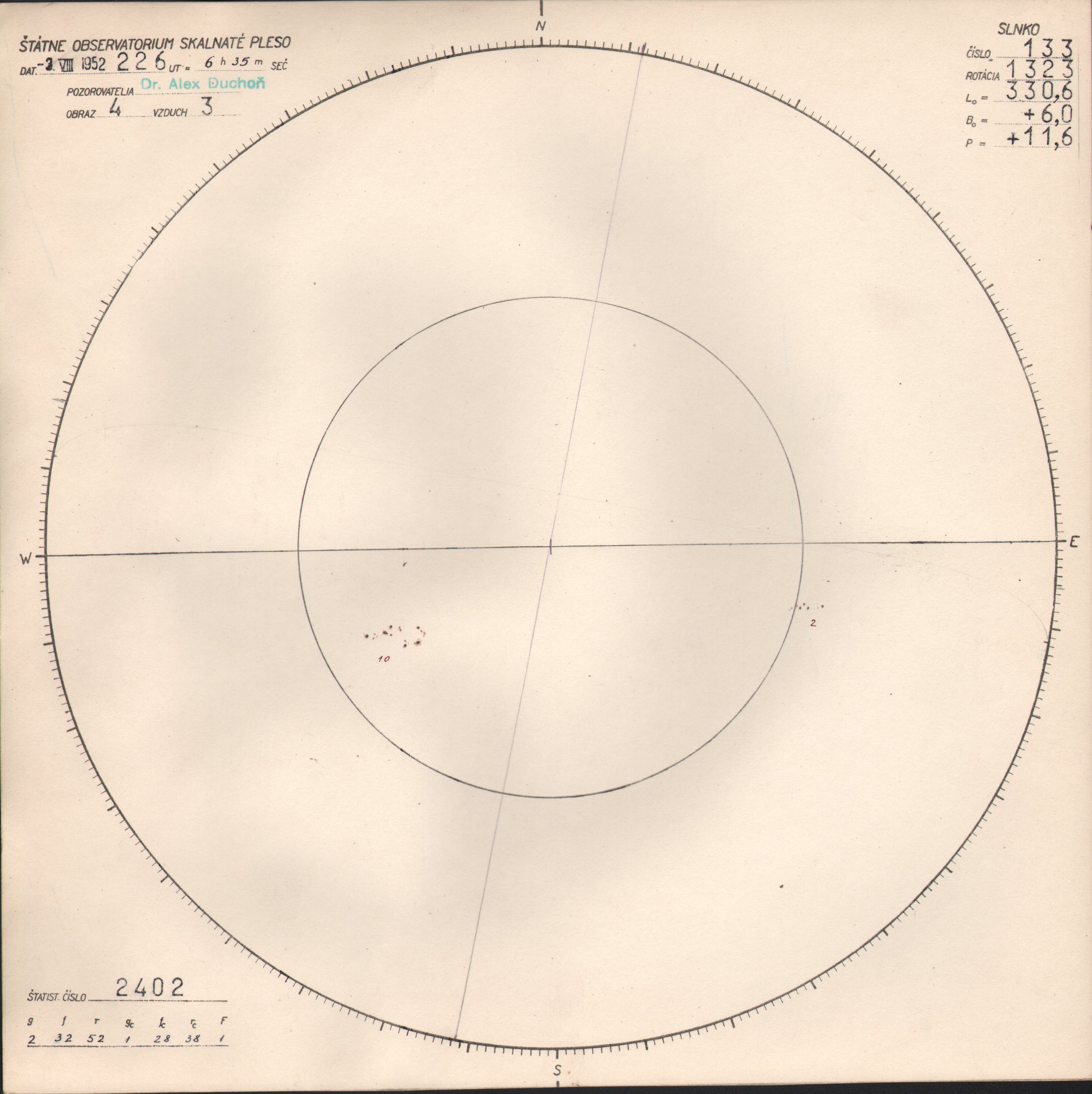 Obrázok zákresu Slnka na deň 03.08.1952
