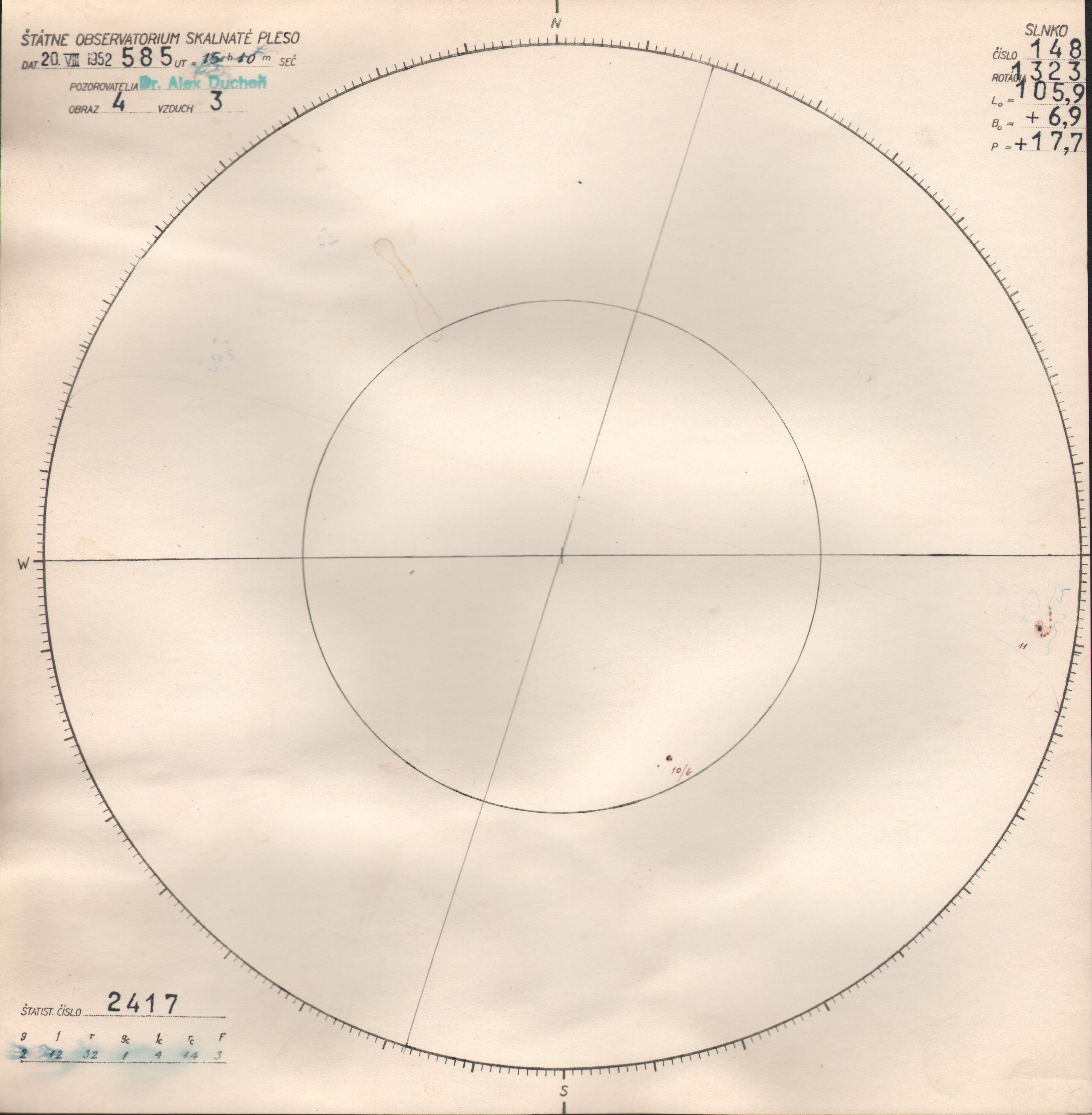 Obrázok zákresu Slnka na deň 20.08.1952