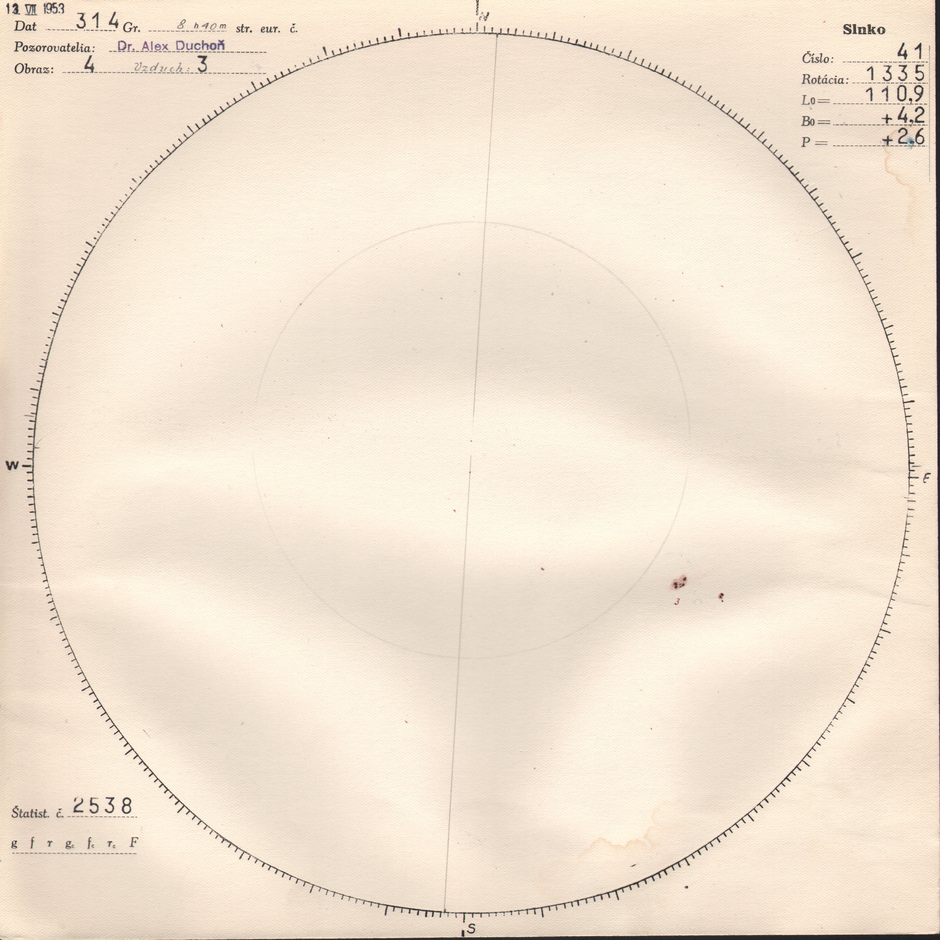 Obrázok zákresu Slnka na deň 13.07.1953