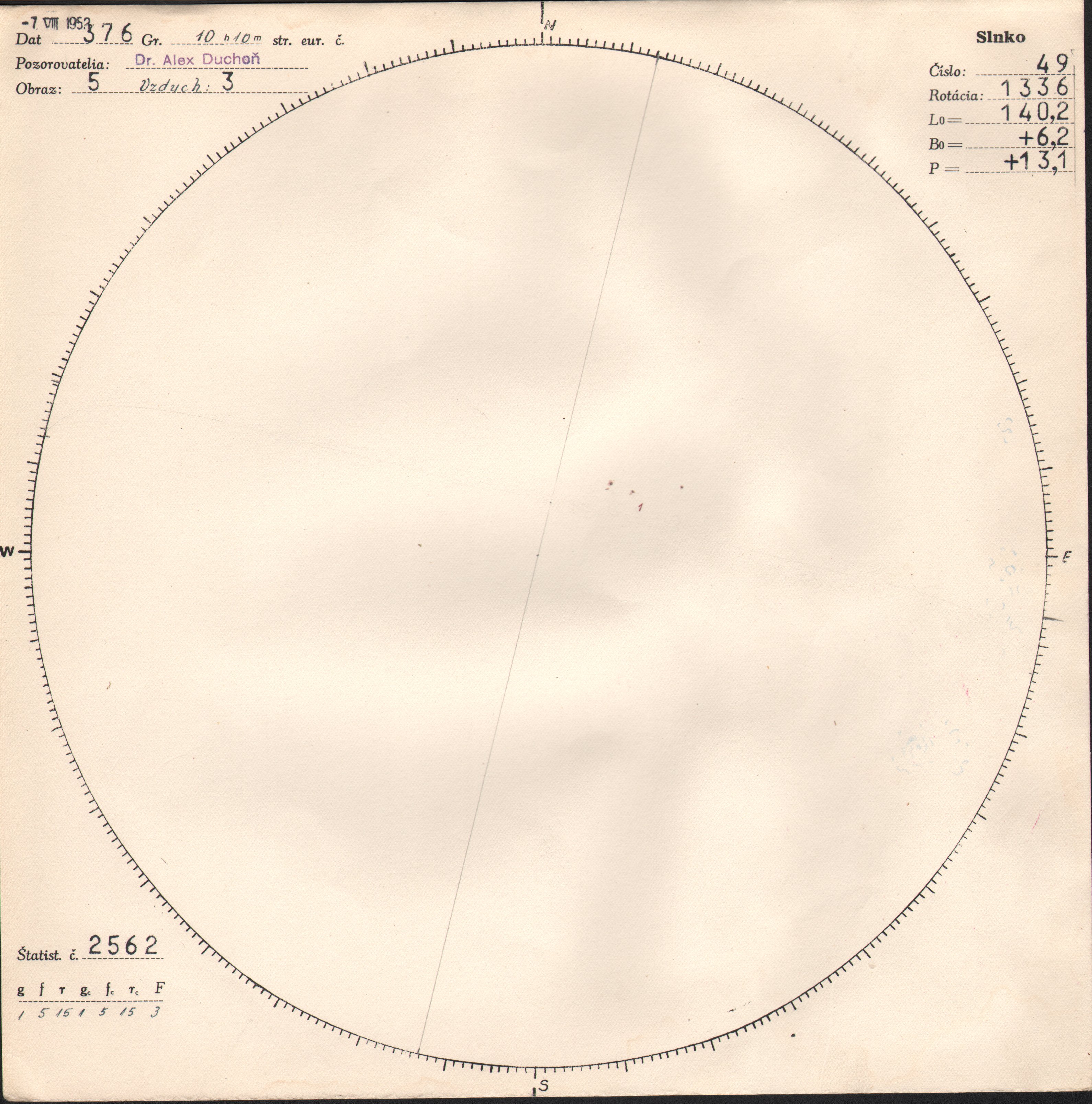 Obrázok zákresu Slnka na deň 07.08.1953