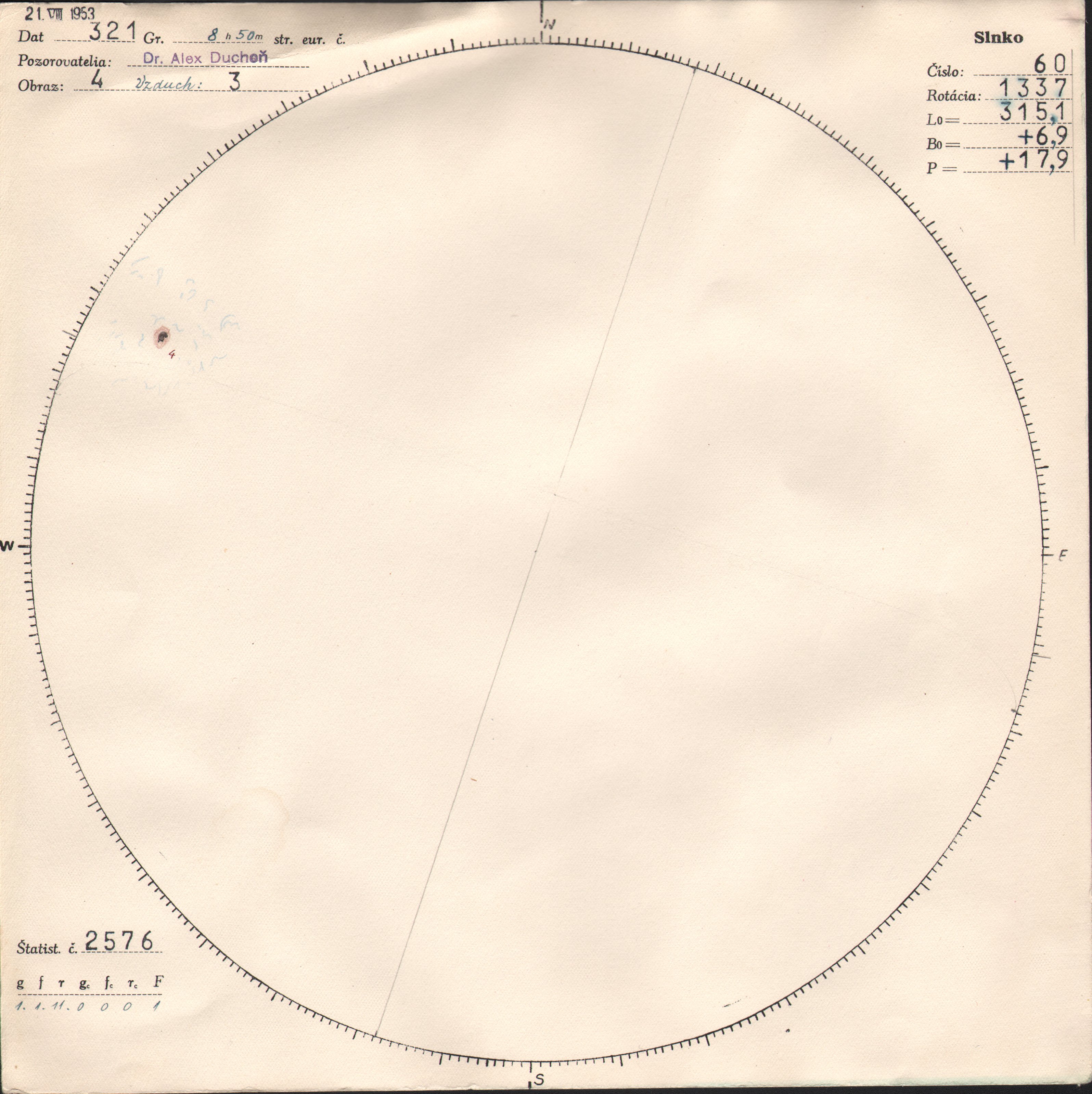 Obrázok zákresu Slnka na deň 21.08.1953