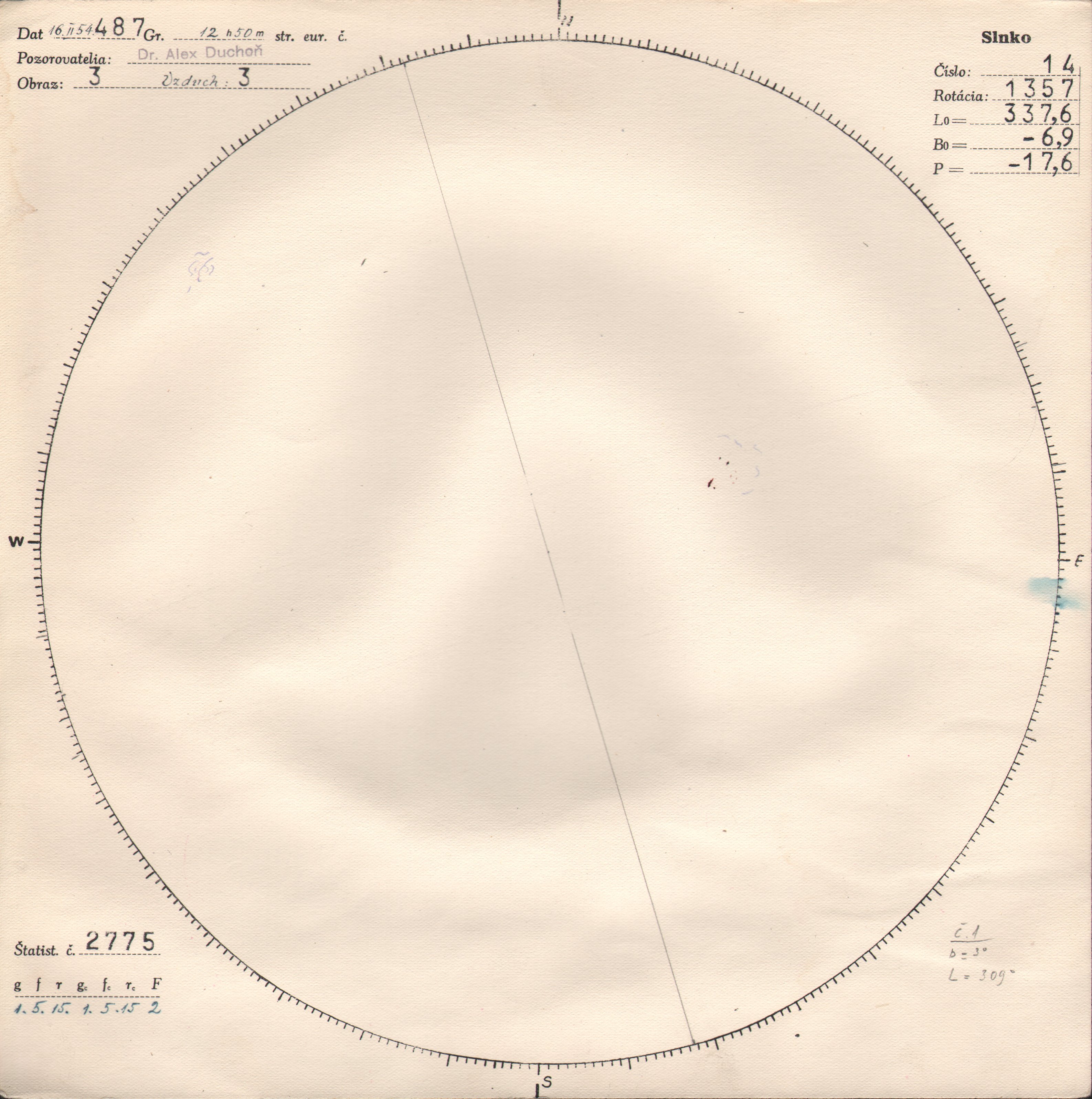 Obrázok zákresu Slnka na deň 16.02.1954