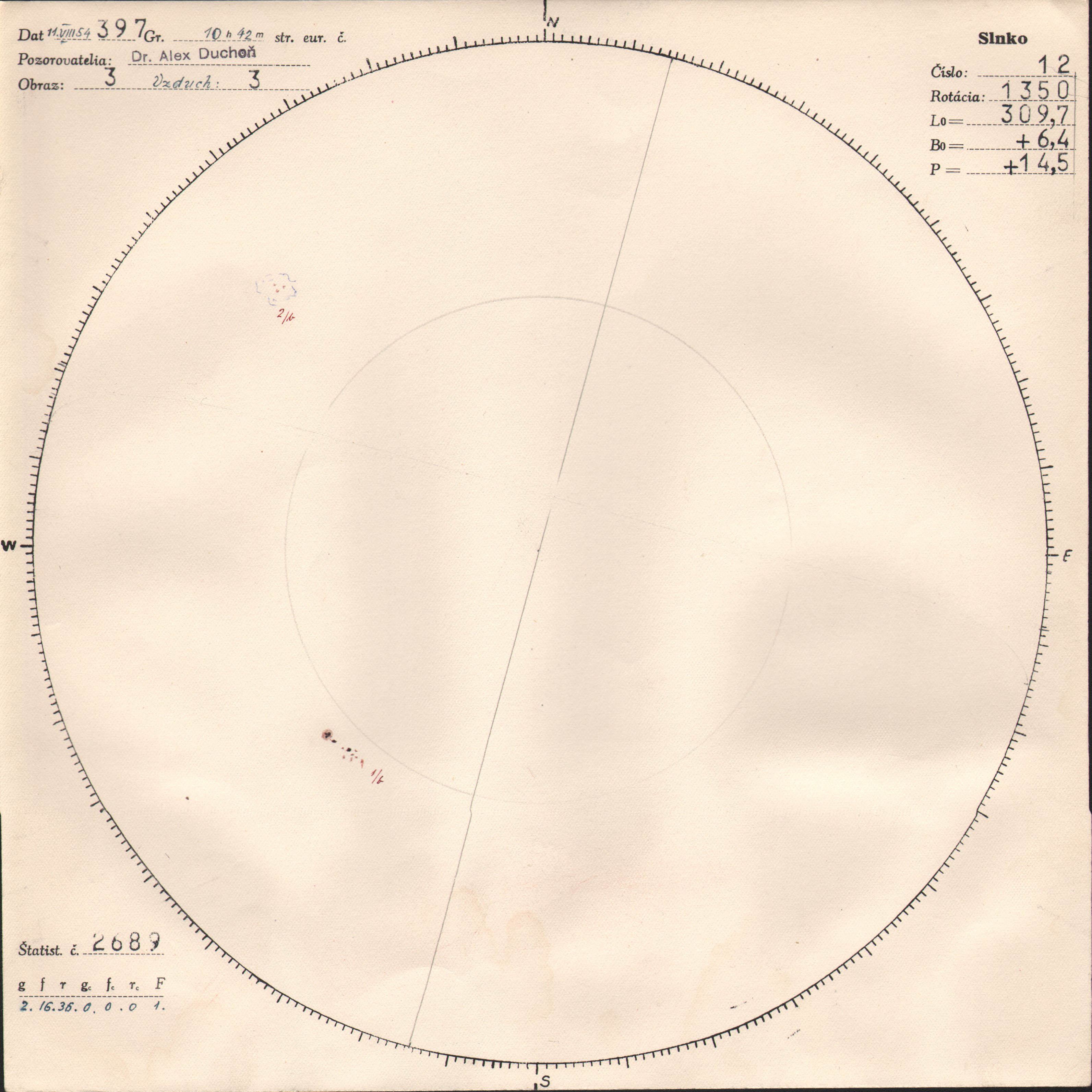 Obrázok zákresu Slnka na deň 11.08.1954